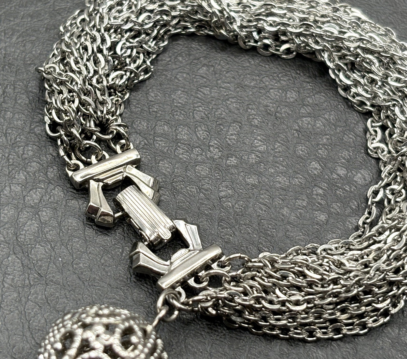 Vintage Silver Tone Multi-Strand Chain Bracelet Ornate Filigree Tassel Charm