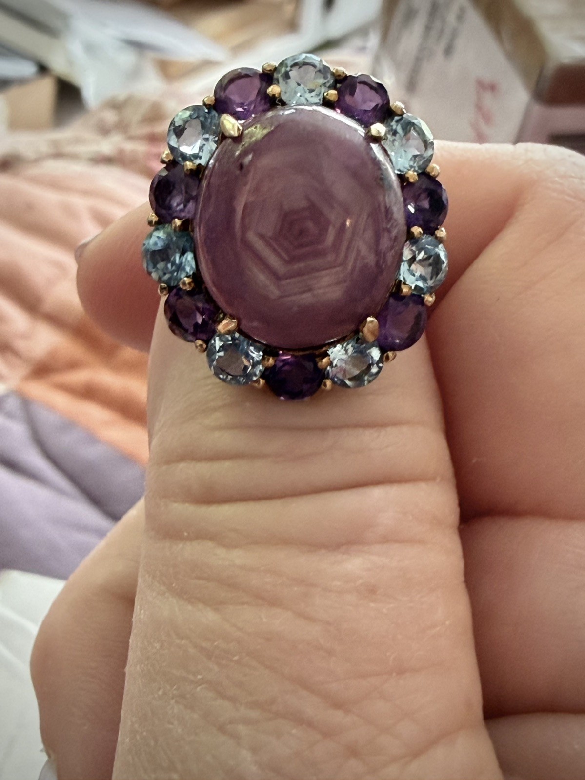Hex Pink Sapphire Cabochon Ring. Topaz and Amethyst accents