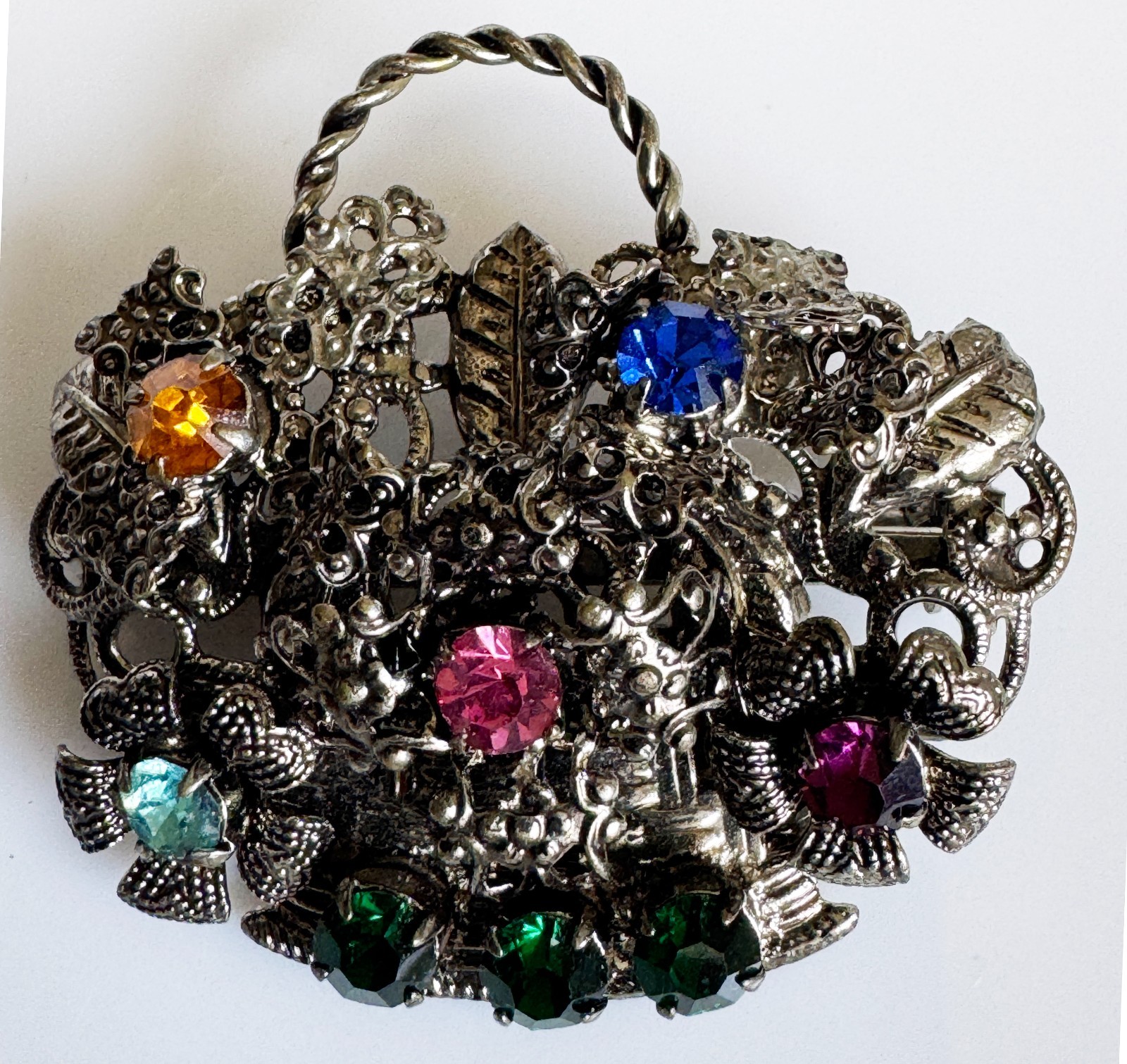 VTG 50’s filigree Bridal Basket flower brooch multicolor rhinestones silverplate