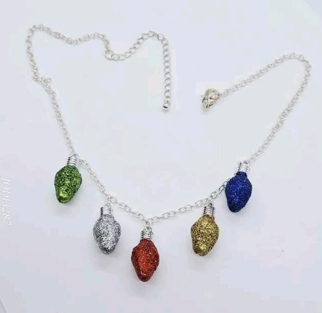 Christmas Necklace String of Light Bulbs Glitter Bulbs Silver tone Vintage 21 in
