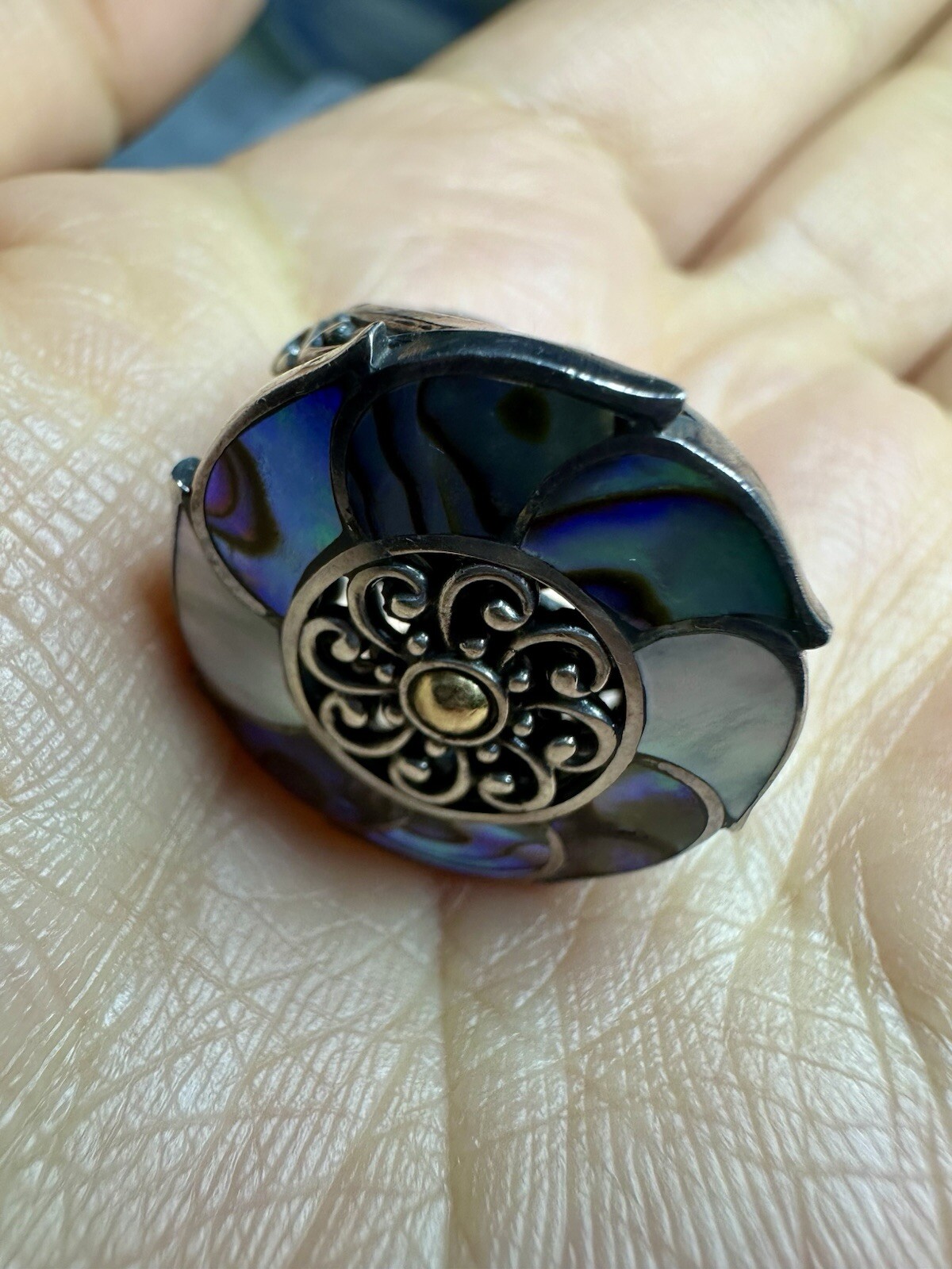 VTG Robert Manse Signed 925 18k M ID Ring W/shell & Mother of Pearl Flower Size6