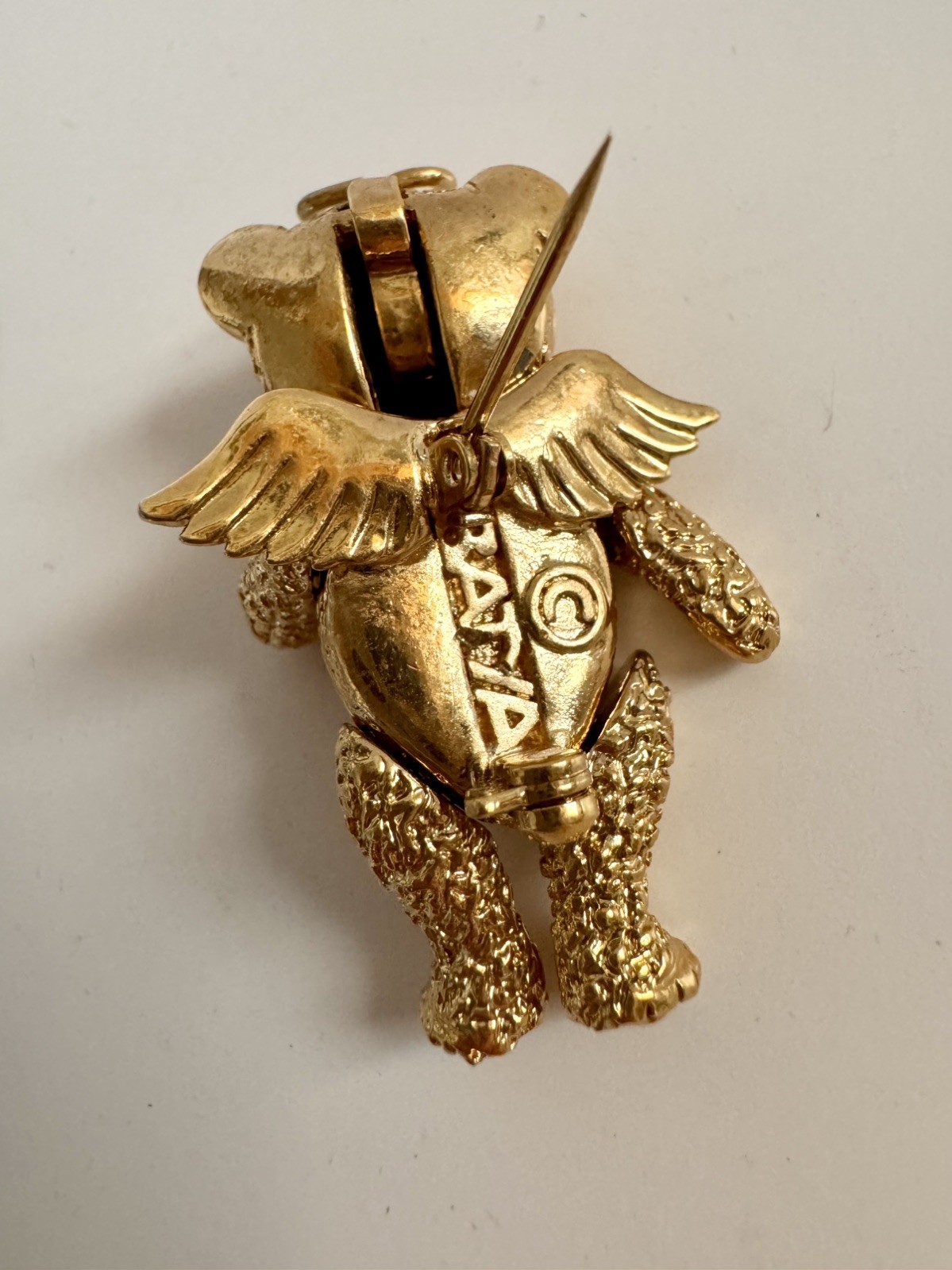 Vintage 1996 BATYA Signed Articulated Gold Tone Angel Bear Brooch Pin Pendant