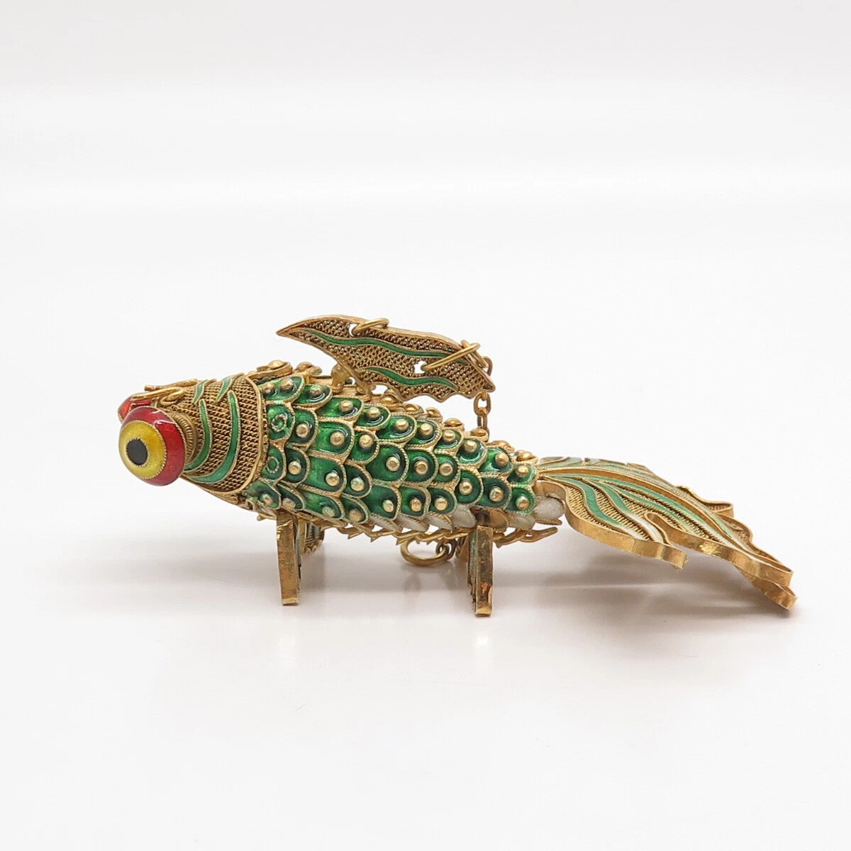925 Sterling Silver Gold Plated Enamel Antique Chinese Koi Fish Chatelaine Fob