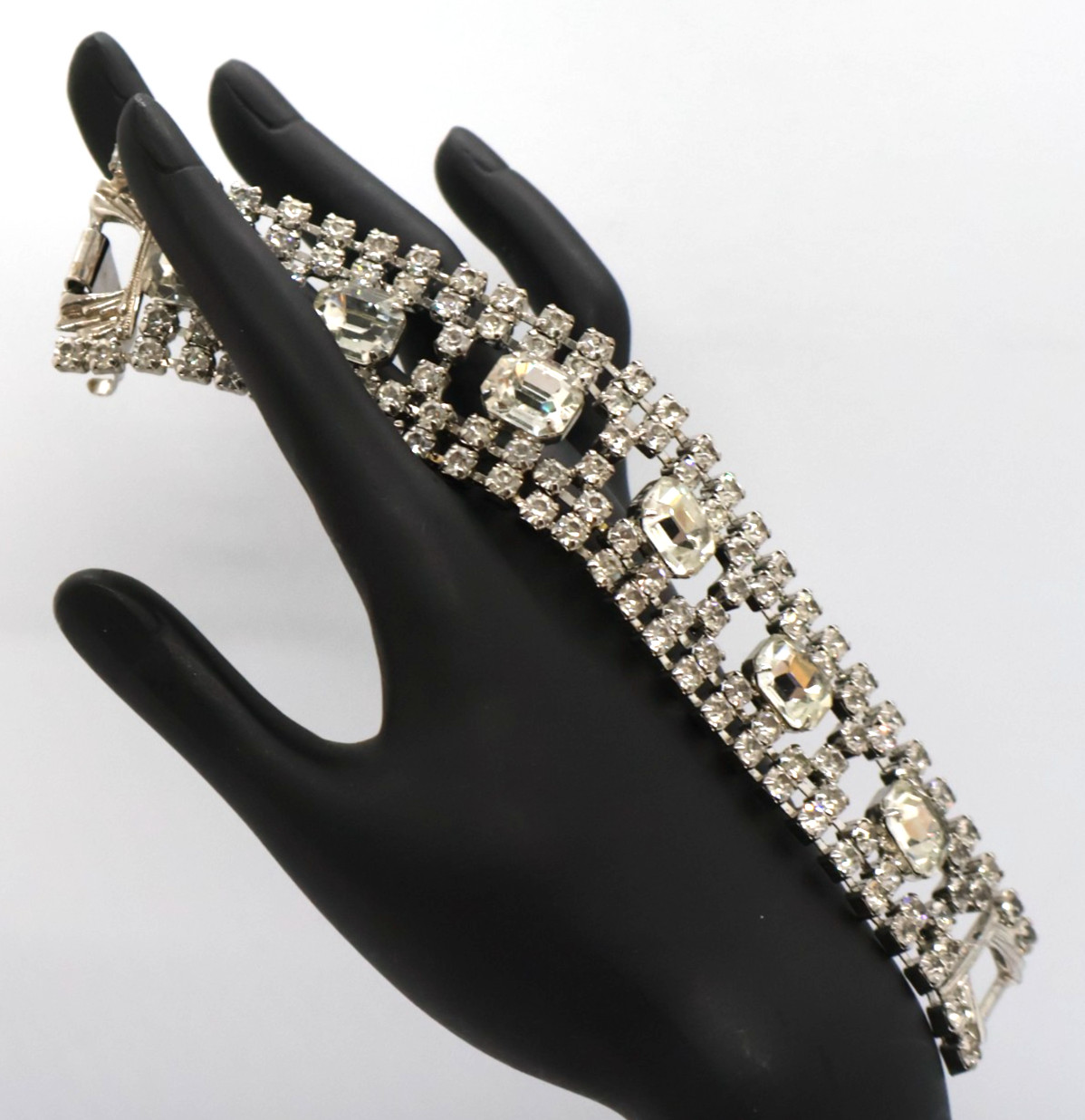 Vintage Rhinestone Bracelet w/ Multiple Rows of Rhinestones & Large Square Ones