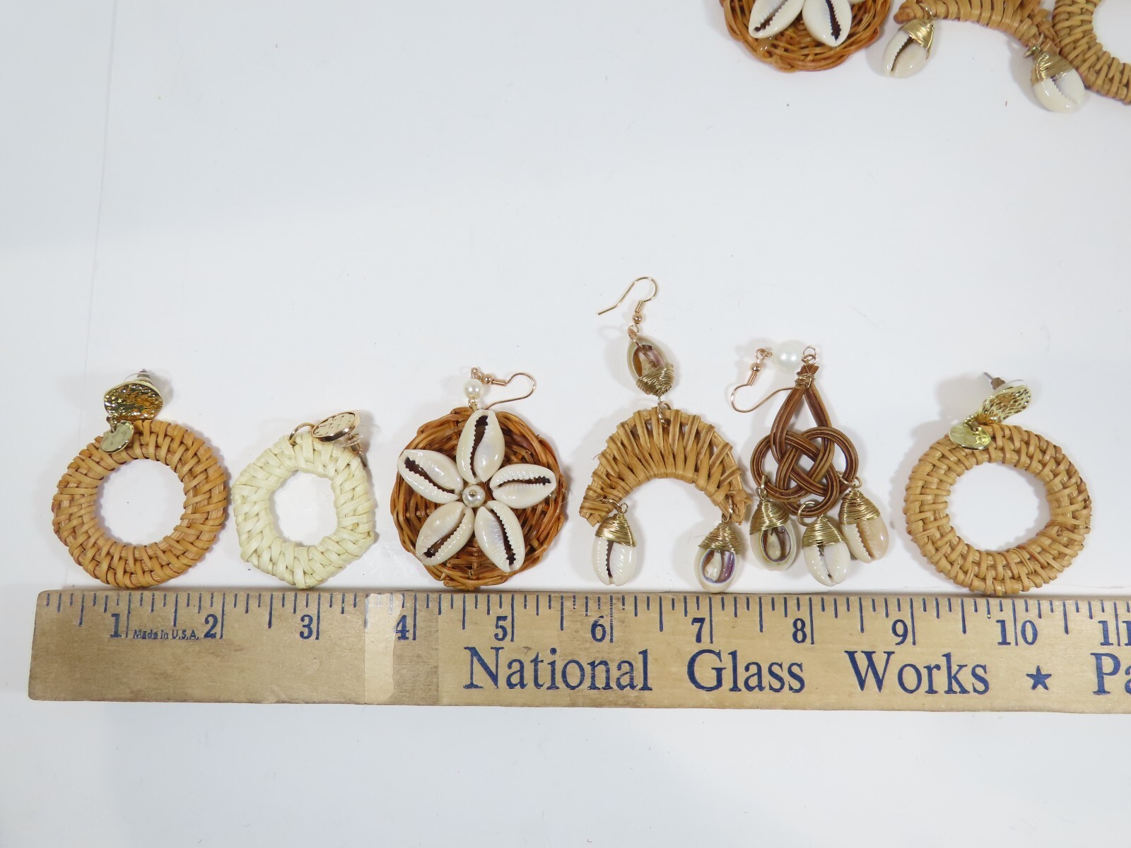 VTG Woven Wicker Wrap Rattan Dangle Drop Shell Earrings Pierced Boho Lot D2073