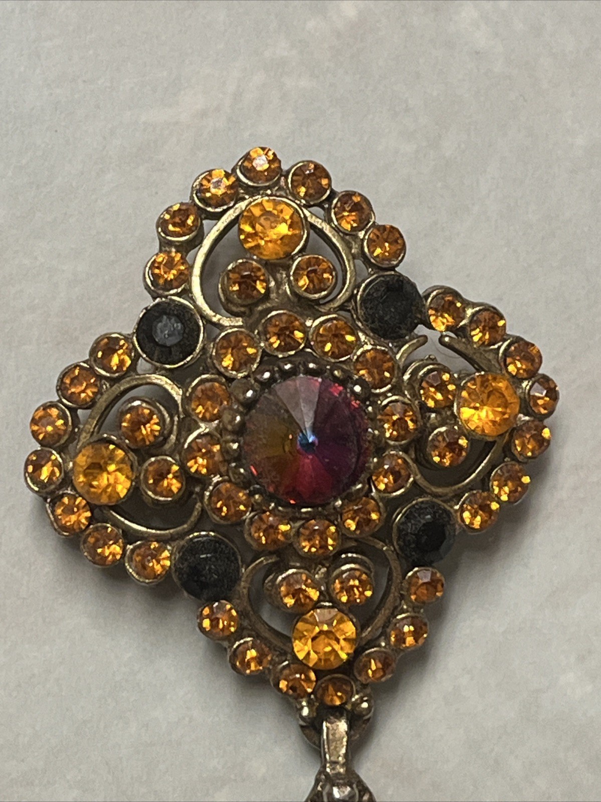 EDLEE VINTAGE RED ORANGE CRYSTAL RHINESTONE DOMED BROOCH 1940s 1950s