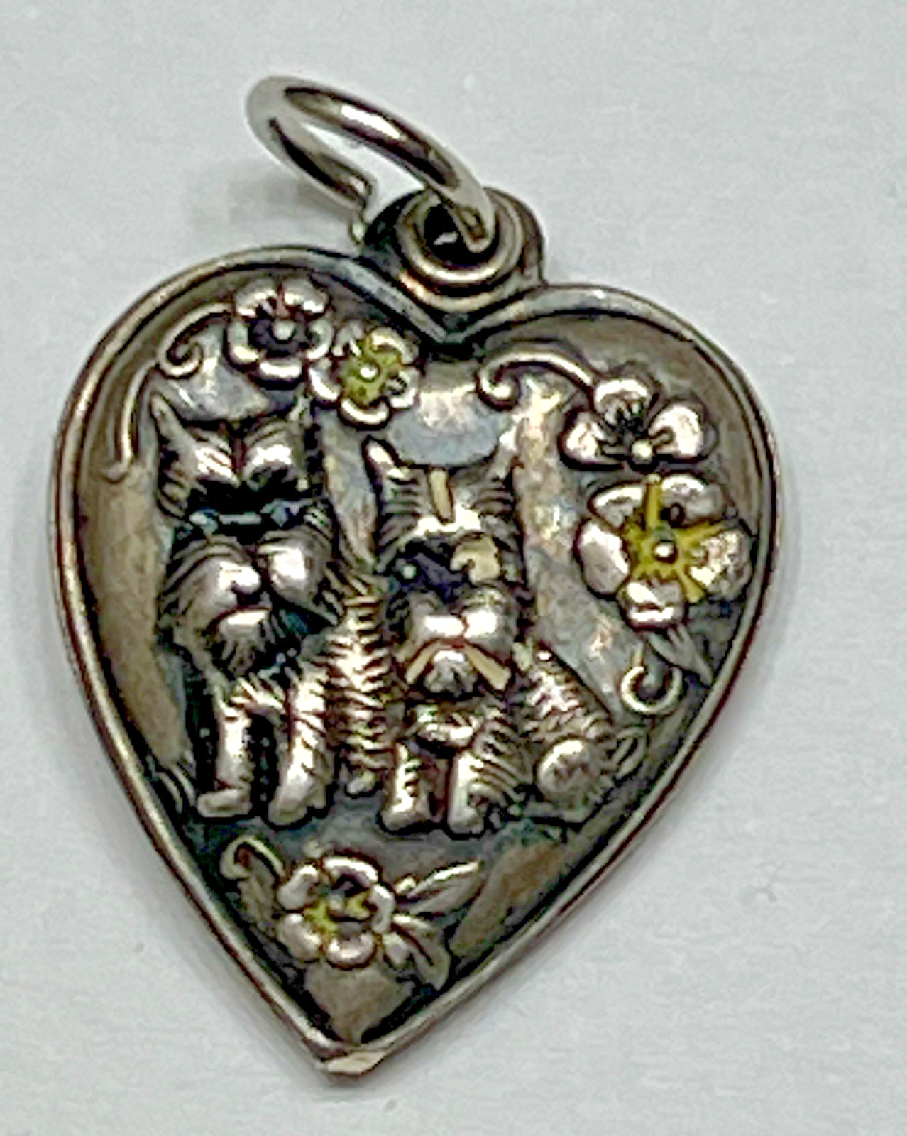 Sterling Silver Dog Heart Charm Pendant Vintage Antique Puffy Scottie Dogs 925
