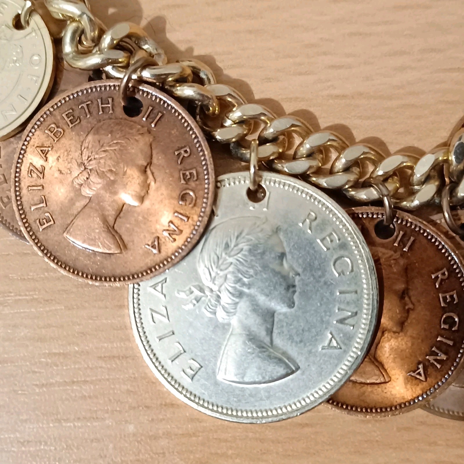 Vintage 14 Coin Bracelet Coins From Around The World 7”