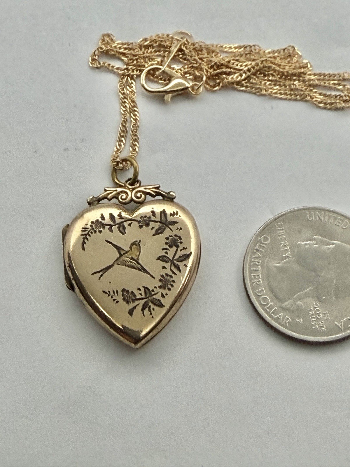 Victorian Aesthetic Movement Bird & Flower Vines Double Sided RG Locket Necklace