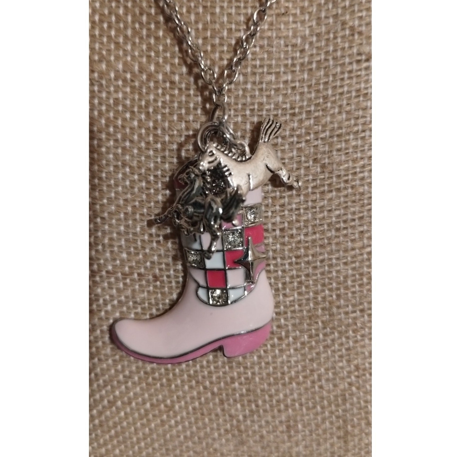 Dainty Silver Tone Chain Charm Necklace Cowgirl Boot Horse Charms