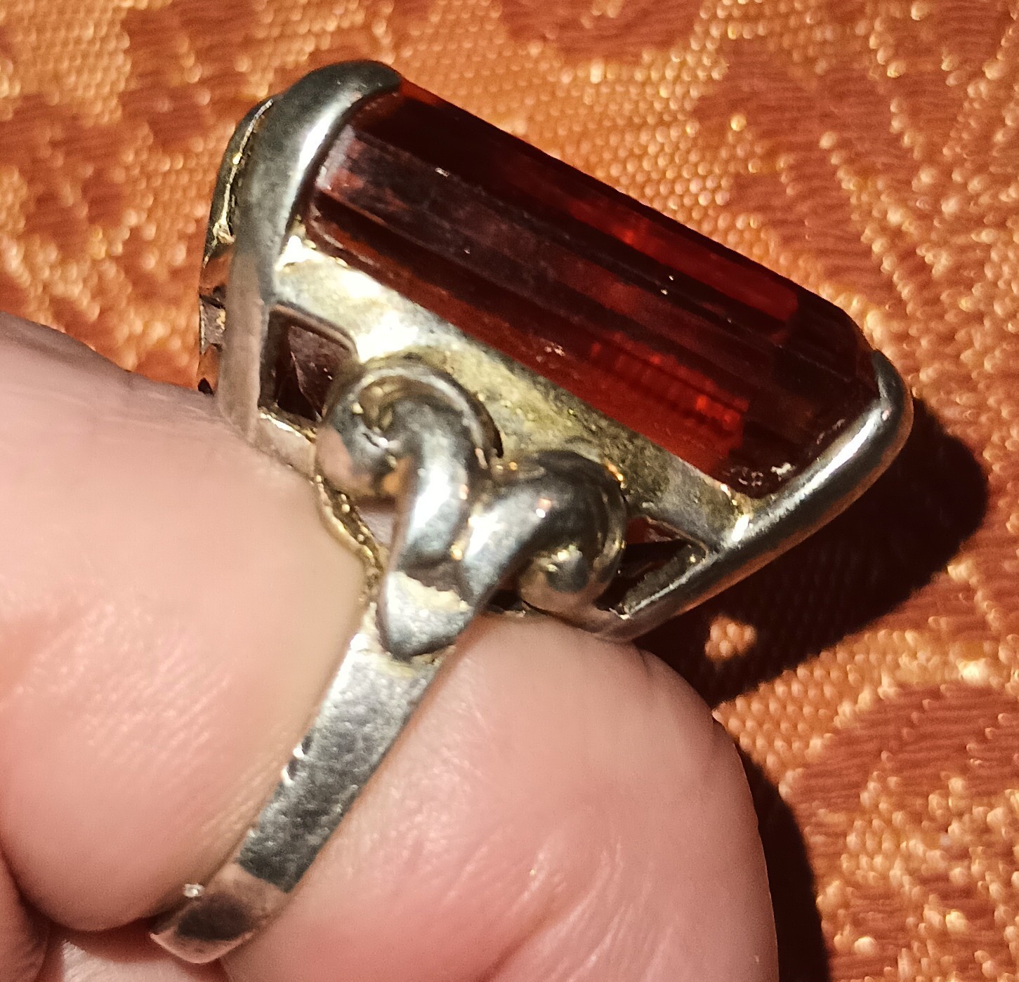 VTG Sterling Silver W/Orange Glass Setting Art Deco Style Cocktail Ring Sz 6 1/2