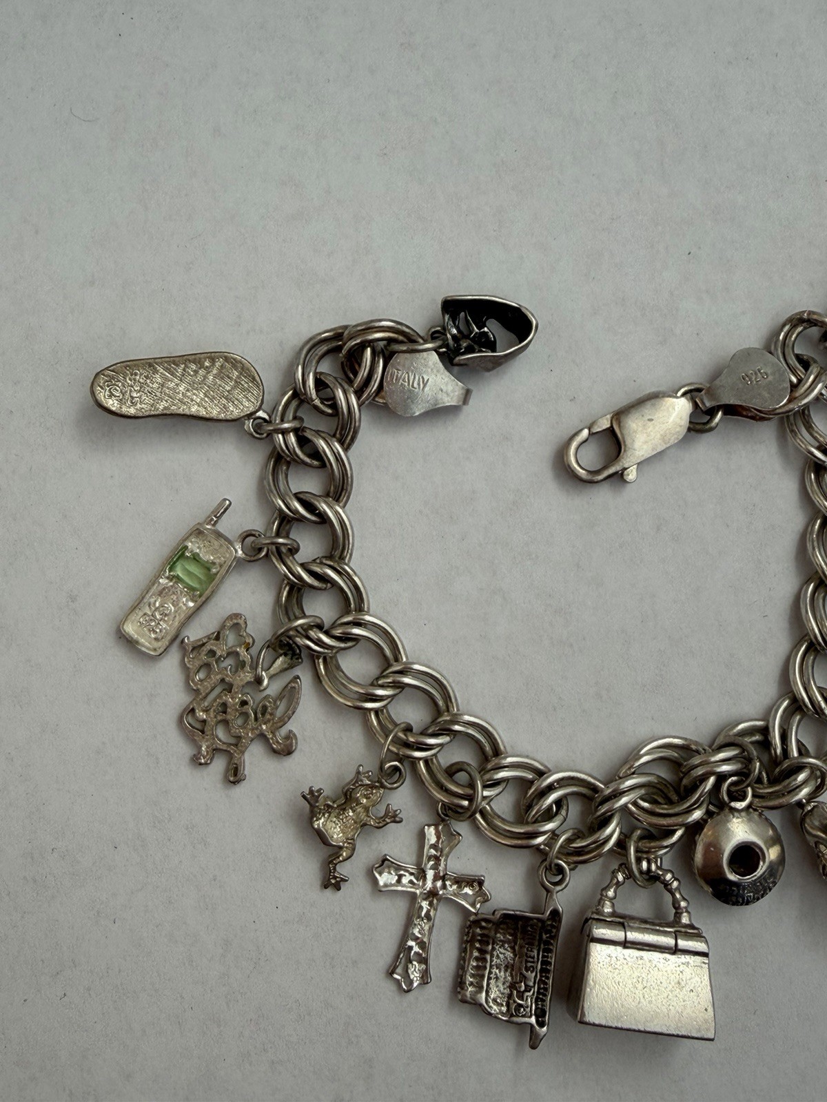 Vintage 925 Sterling Silver 14 Charms Bracelet Lobster Clasp See Pics 36g B8