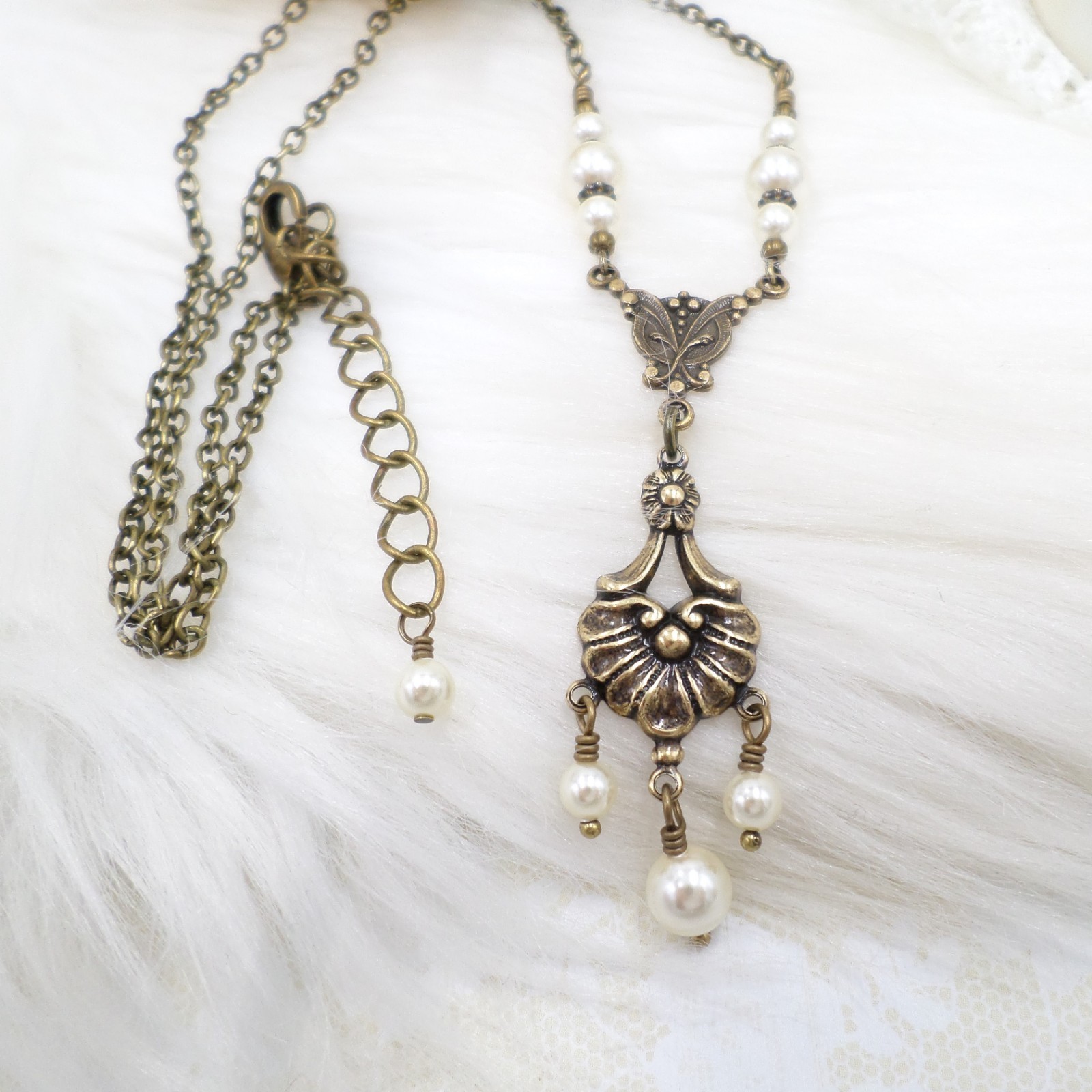 Victorian Pearl Necklace: Antique Brass Romantic Floral Handmade Vintage Jewelry