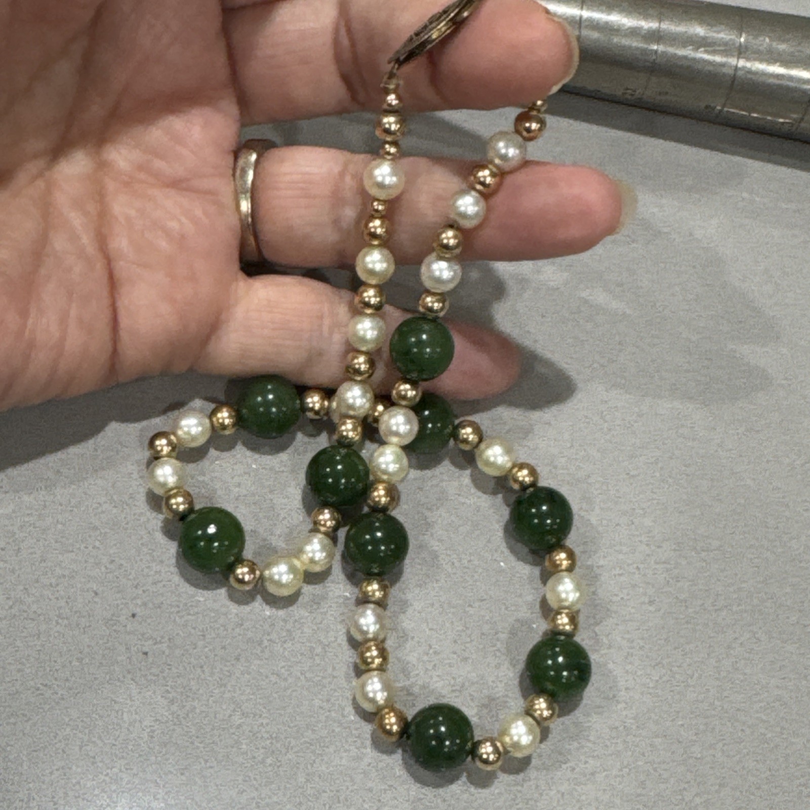 Vintage Green Jade Pearls GF Beads Sterling Filigree Gold Wash Clasp Necklace
