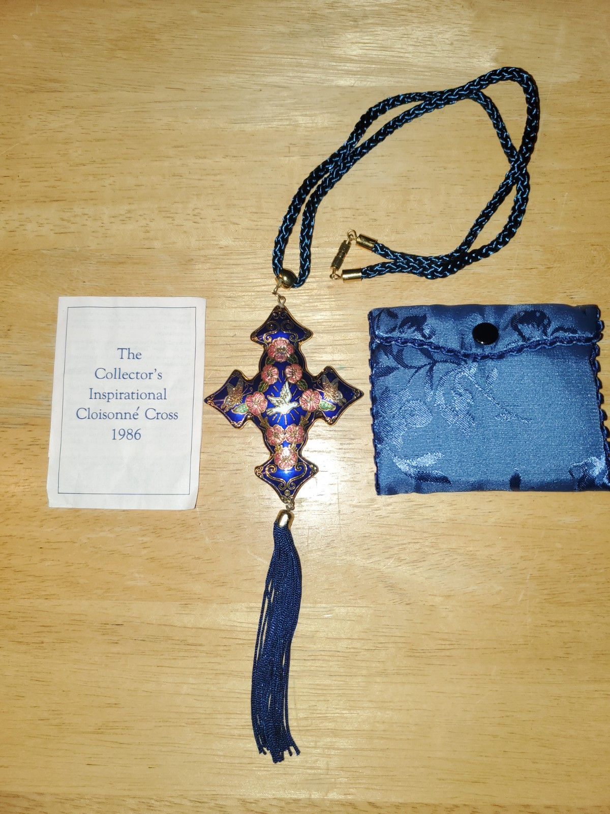 Vintage Cloisonne Cross Pendant Deep Blue with Goldtone Trim, 54.1 Grams Heavy