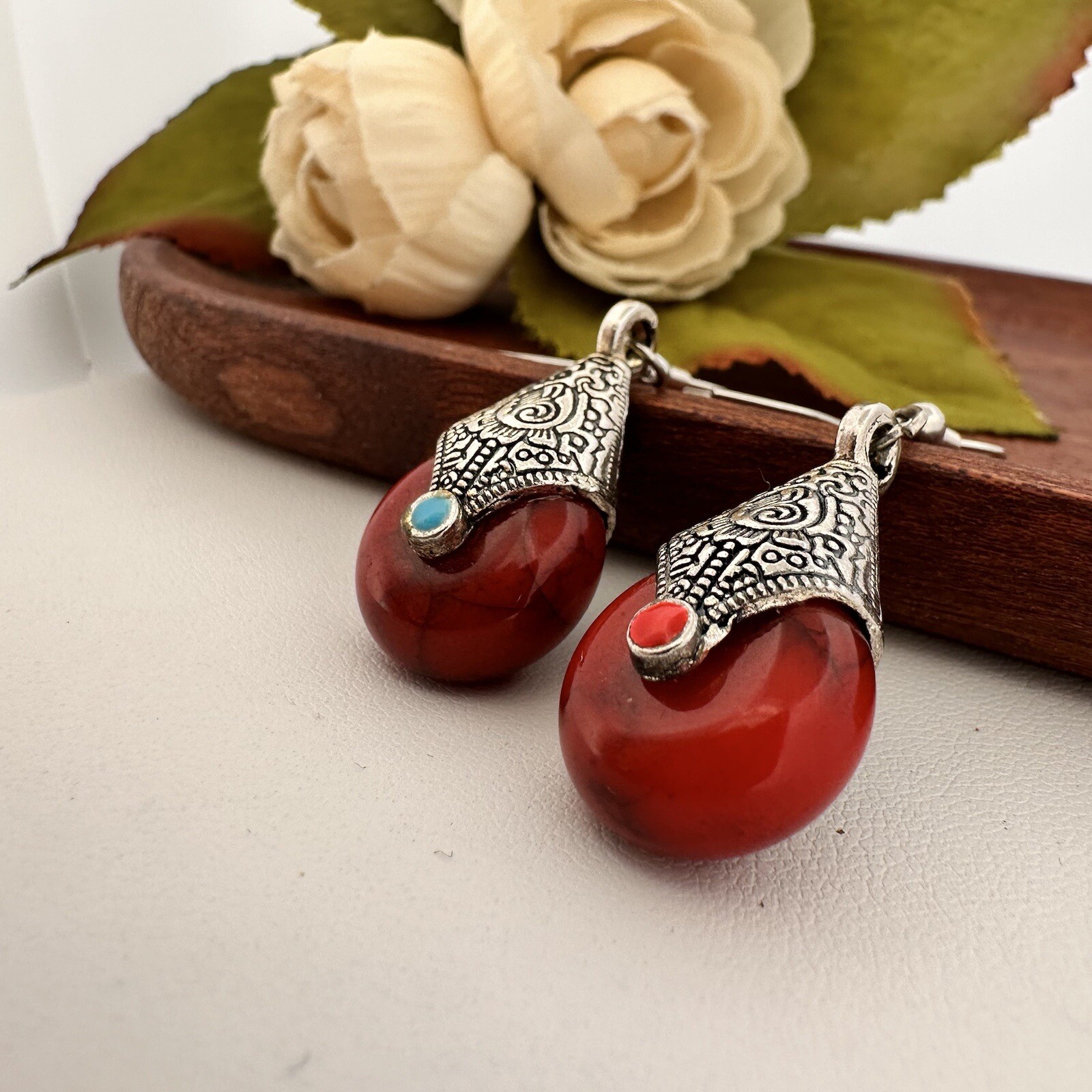 VINTAGE ~ SILVER TIBETAN RED BEAD EARRINGS ~ TURQUOISE BOHO ETHNIC PIERCED HOOKS