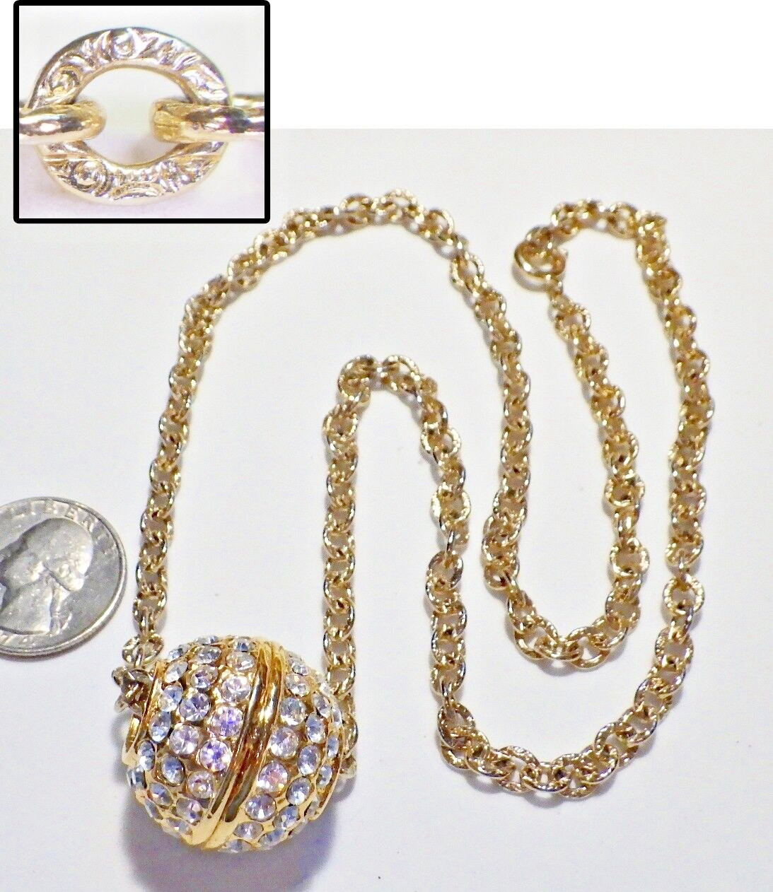 Lg Vtg Chunky Pave Set Rhinestone Sliding Disco Ball Sphere Pendant Necklace 24″
