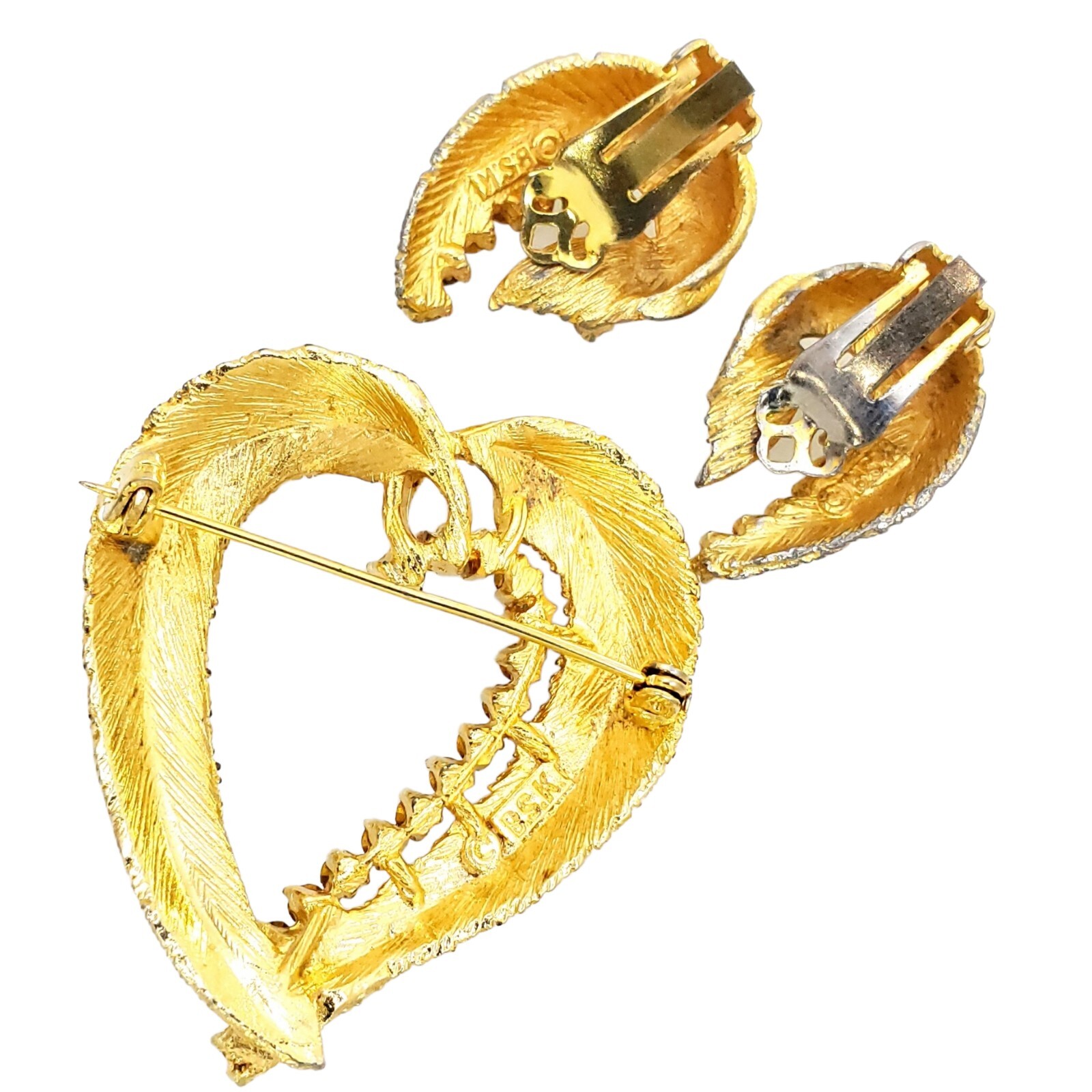 Mid Century BSK Signed Open Leaf Crystal Pave Earrings Brooch Set