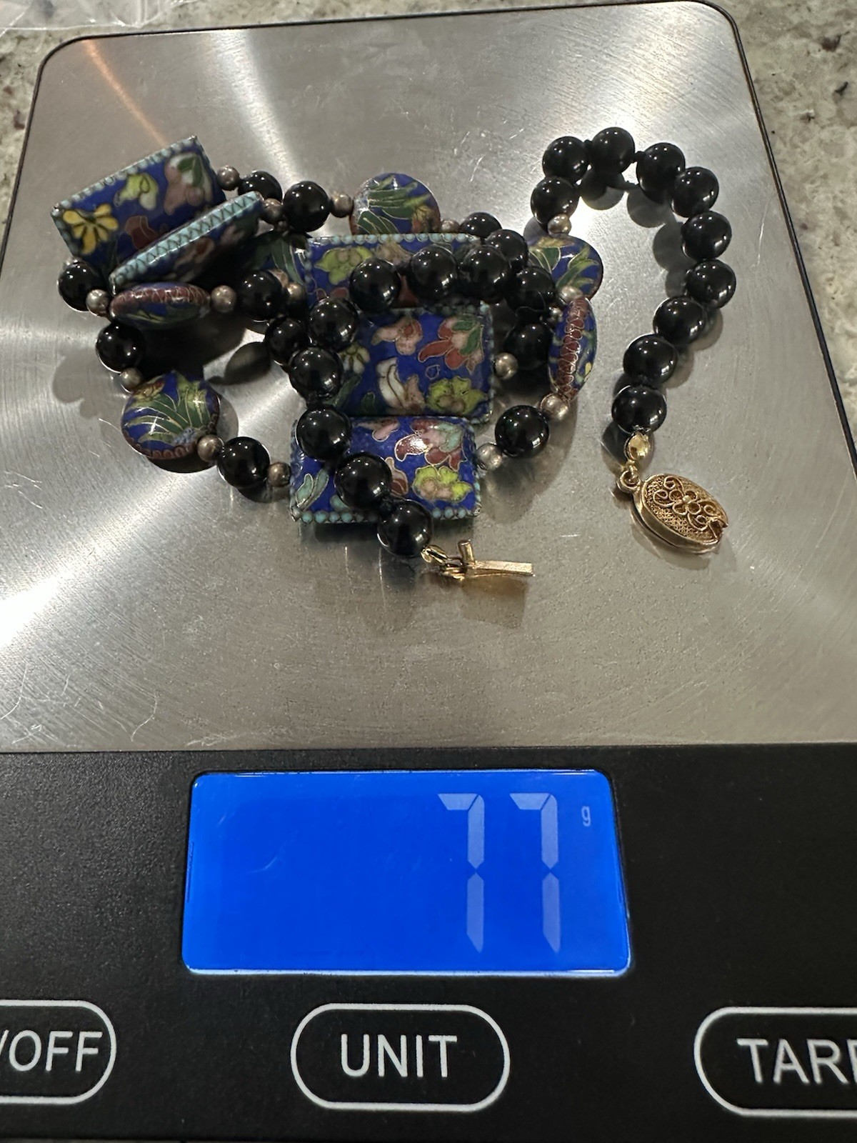 Vtg Chinese Floral Cloisonné Black Onyx Gilt Silver Clasp Necklace, 25in Long