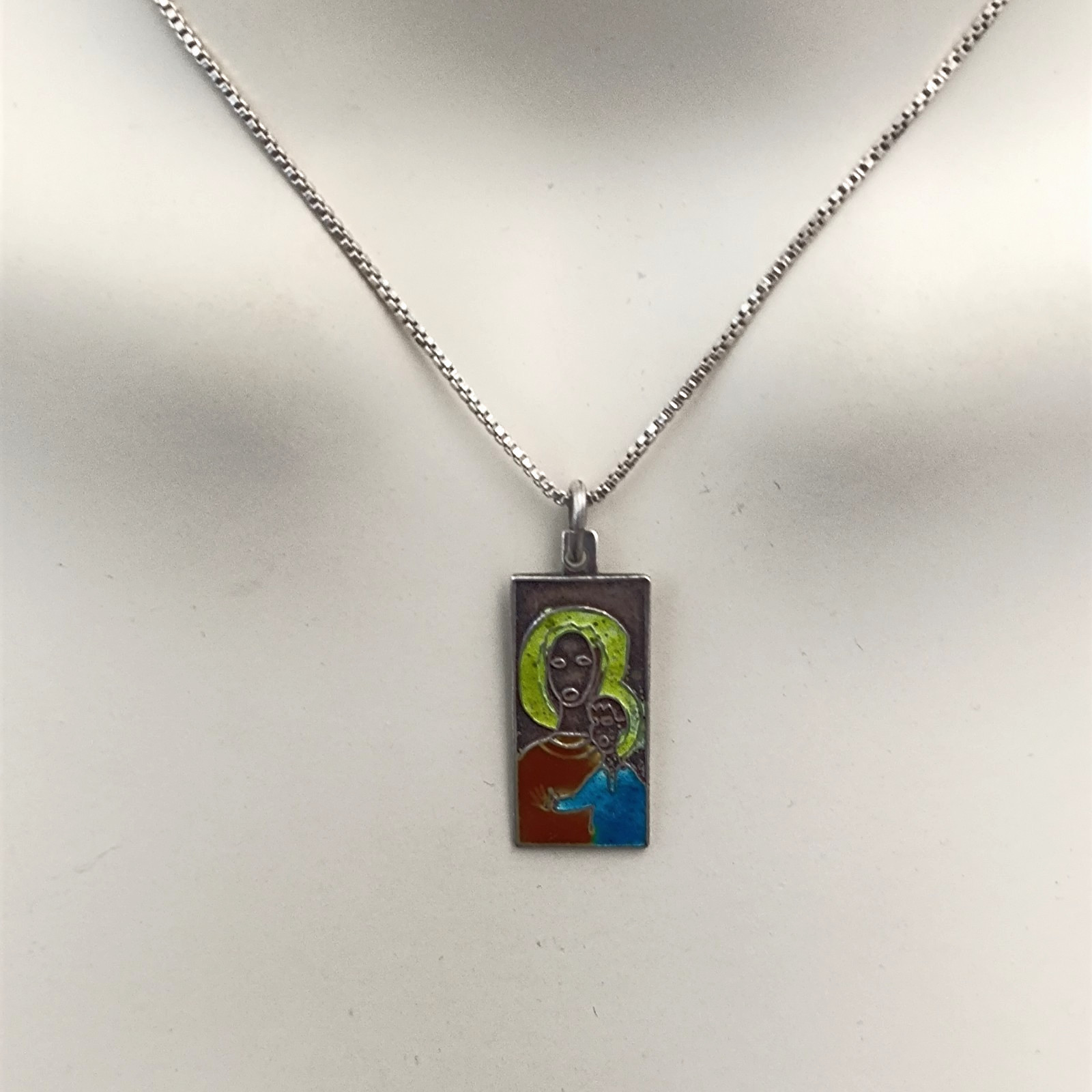 VTG 950 Silver Enamel Necklace Modernist Woman Child Artisan Abstract Pendant