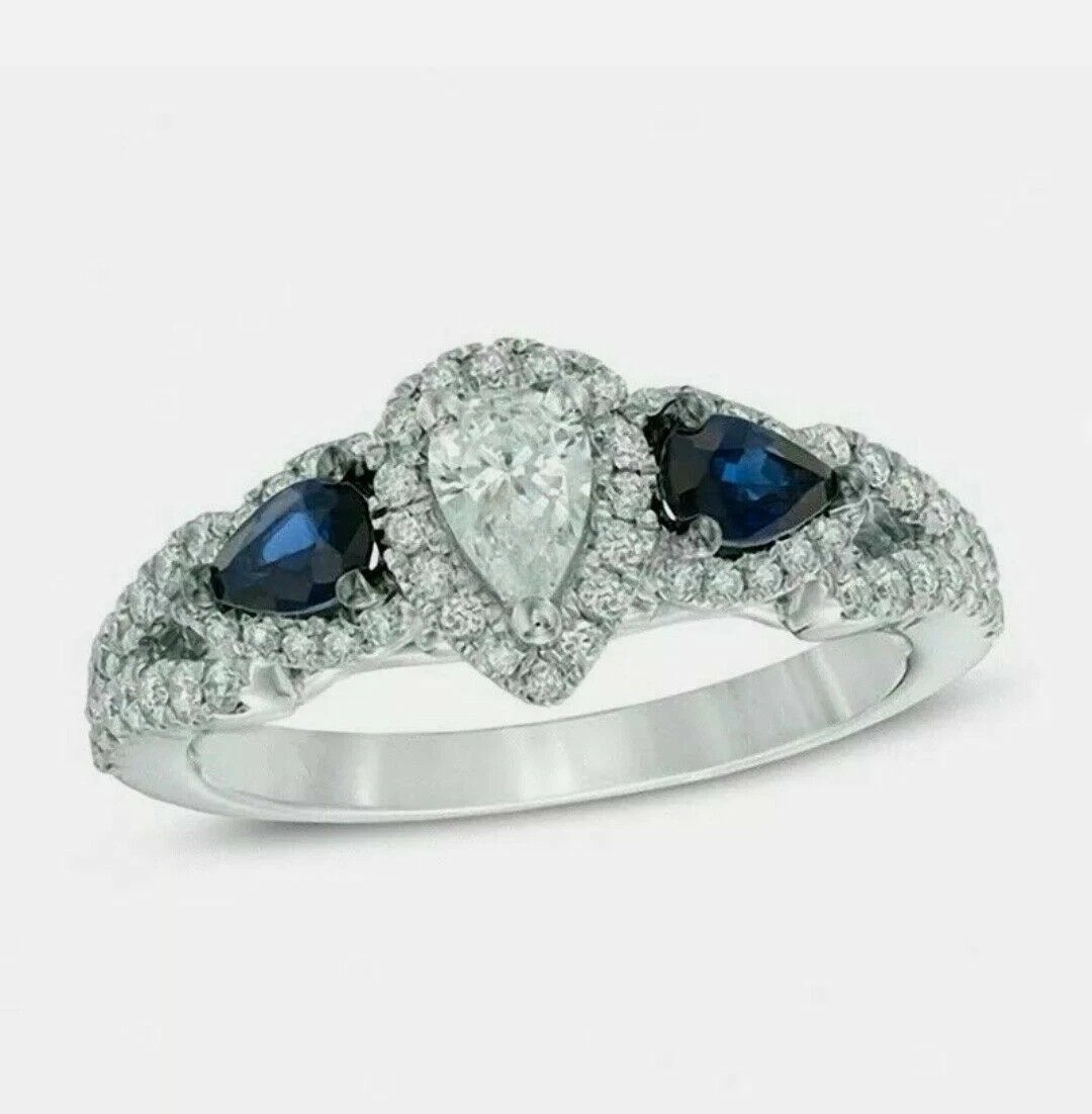 Vera Wang Love Pear Lab Created Diamond & Sapphire 925 Silver Engagement Ring