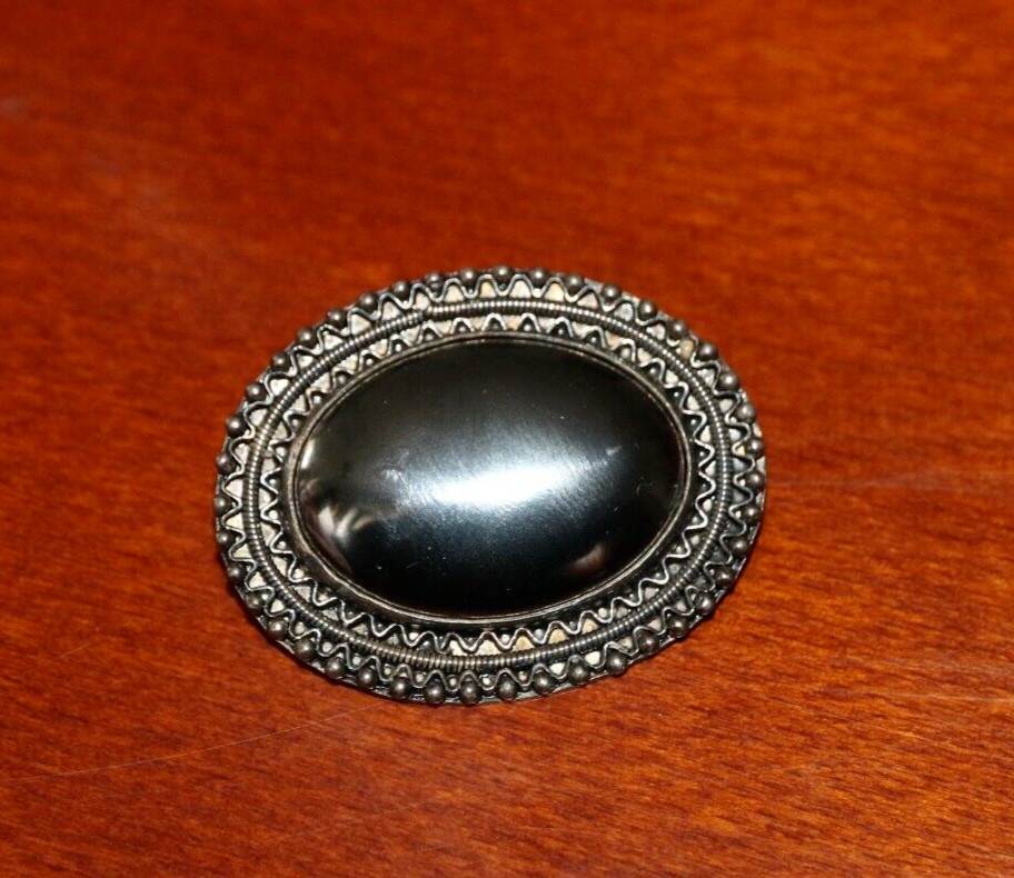 Art Deco SILVER Embossed BROOCH – Large Hematite