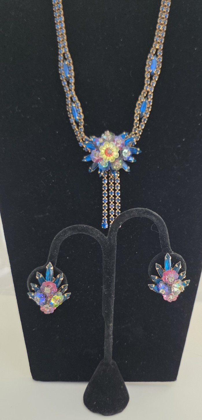 Frank Rifas Signed AB Rhinestone Bib Necklace & Earrings Set Vintage Glam 💎✨🖋️