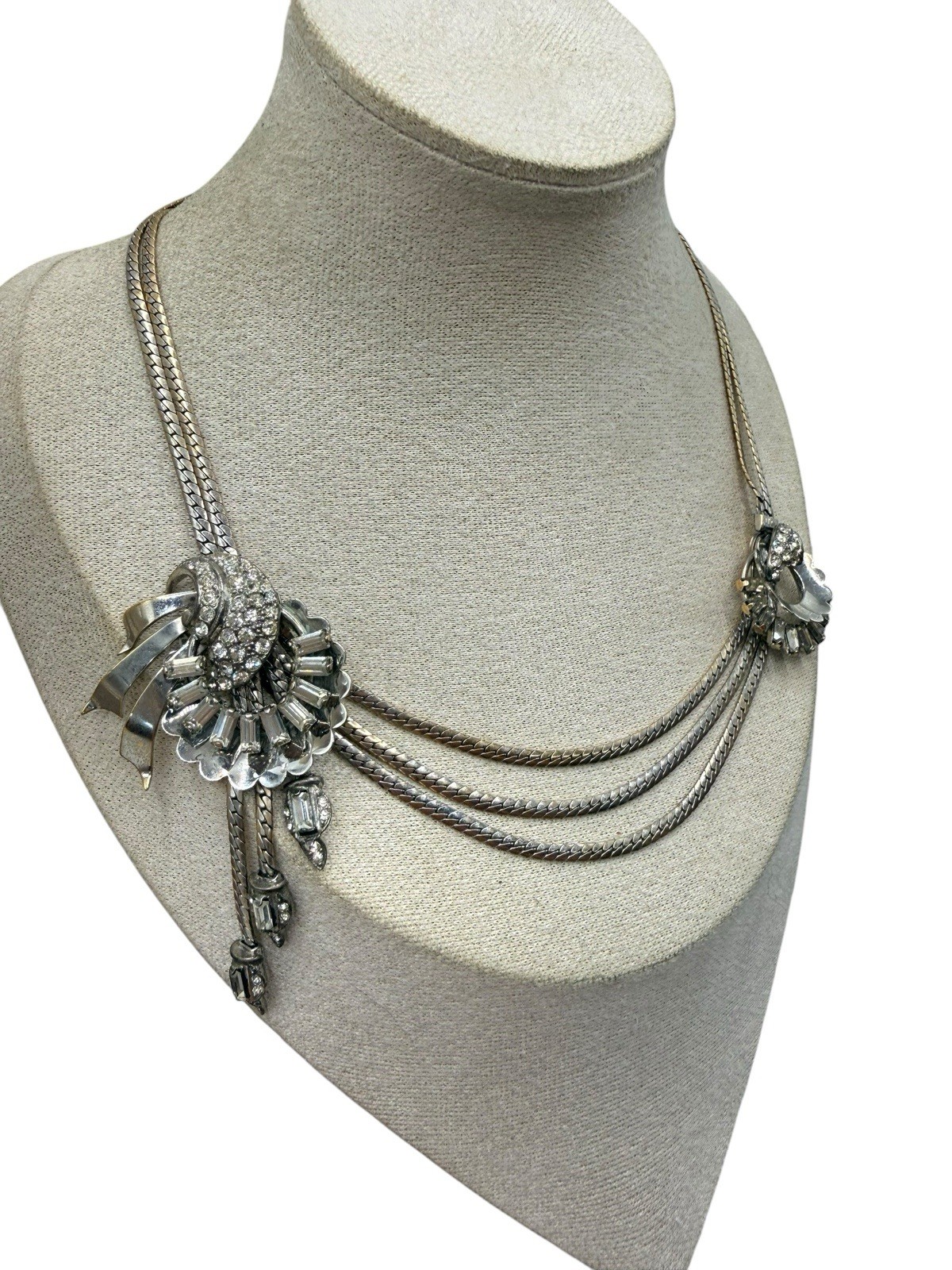 Vintage 40s Charles Reis USA 12K Gold Filled Necklace Collar Tassels Rhinestones