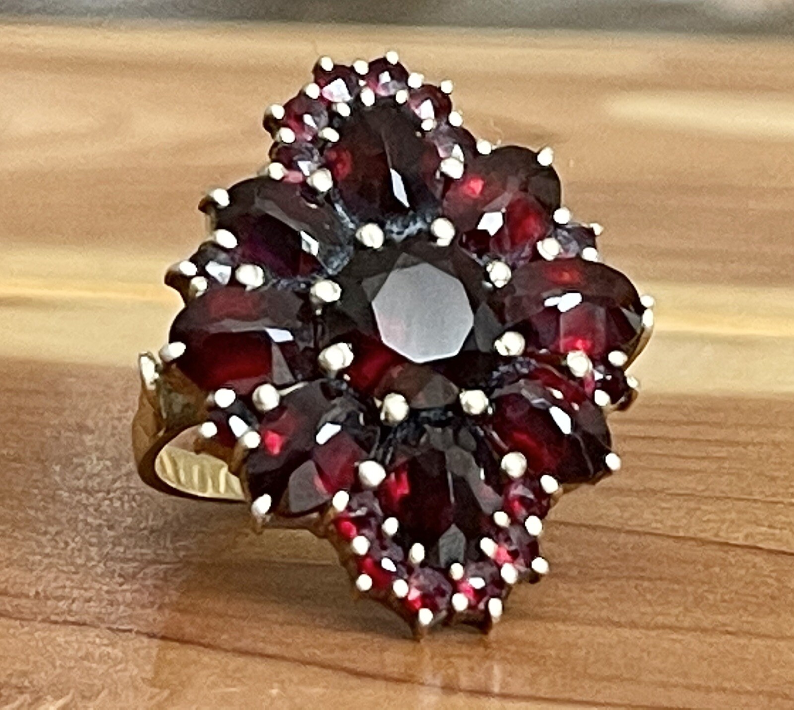 VICTORIAN STYLE BOHEMIAN GARNET COCKTAIL RING 14k GOLD & STERLING VERMEIL 7.75