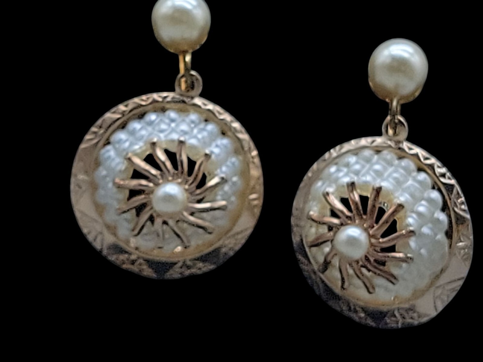 Vintage Pinwheel Faux Pearl Drop Screw Back Earrings Dangle Etched Gold Plated