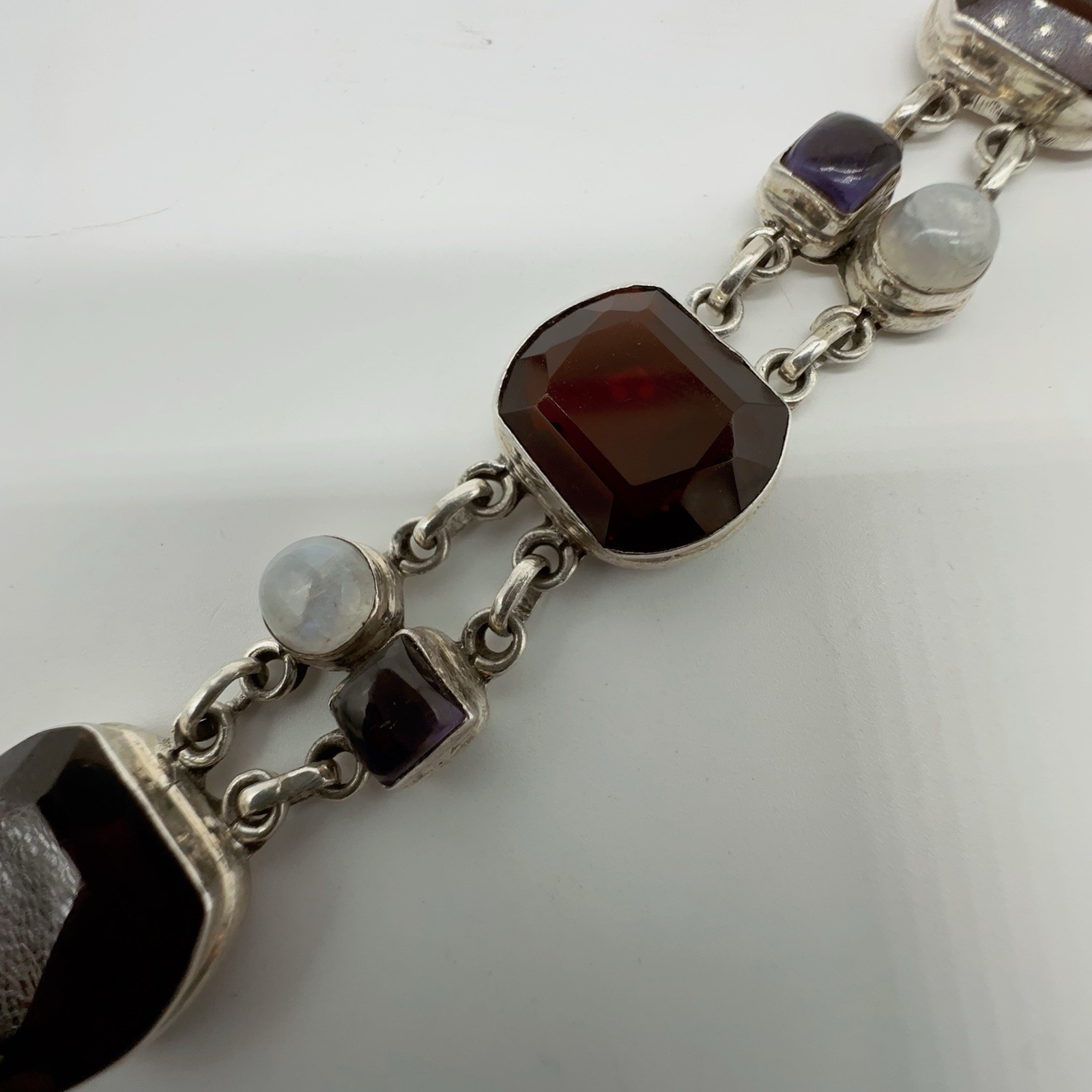 Sterling Silver Amethyst Moonstone & Glass Link Bracelet 37.1g #yes