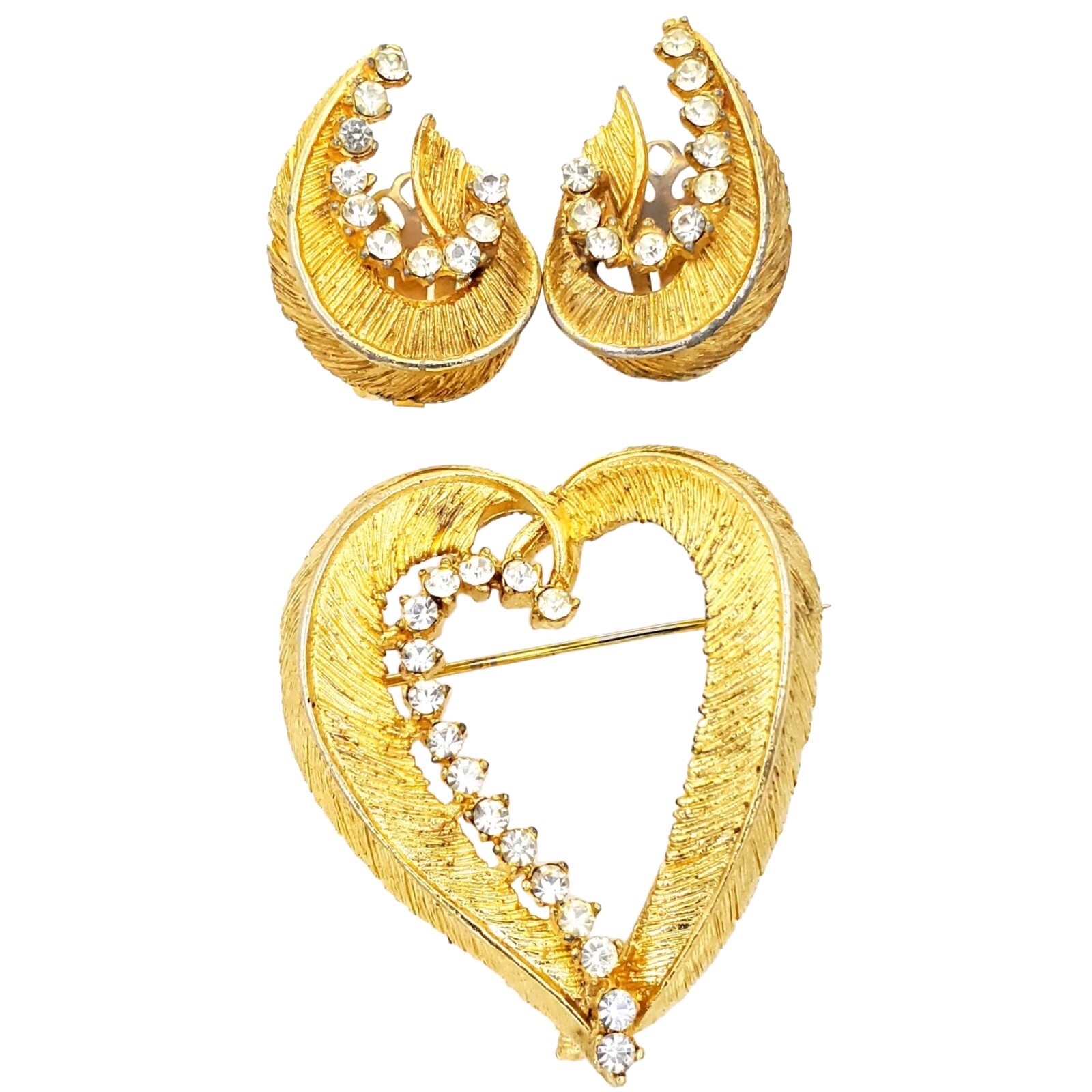Mid Century BSK Signed Open Leaf Crystal Pave Earrings Brooch Set