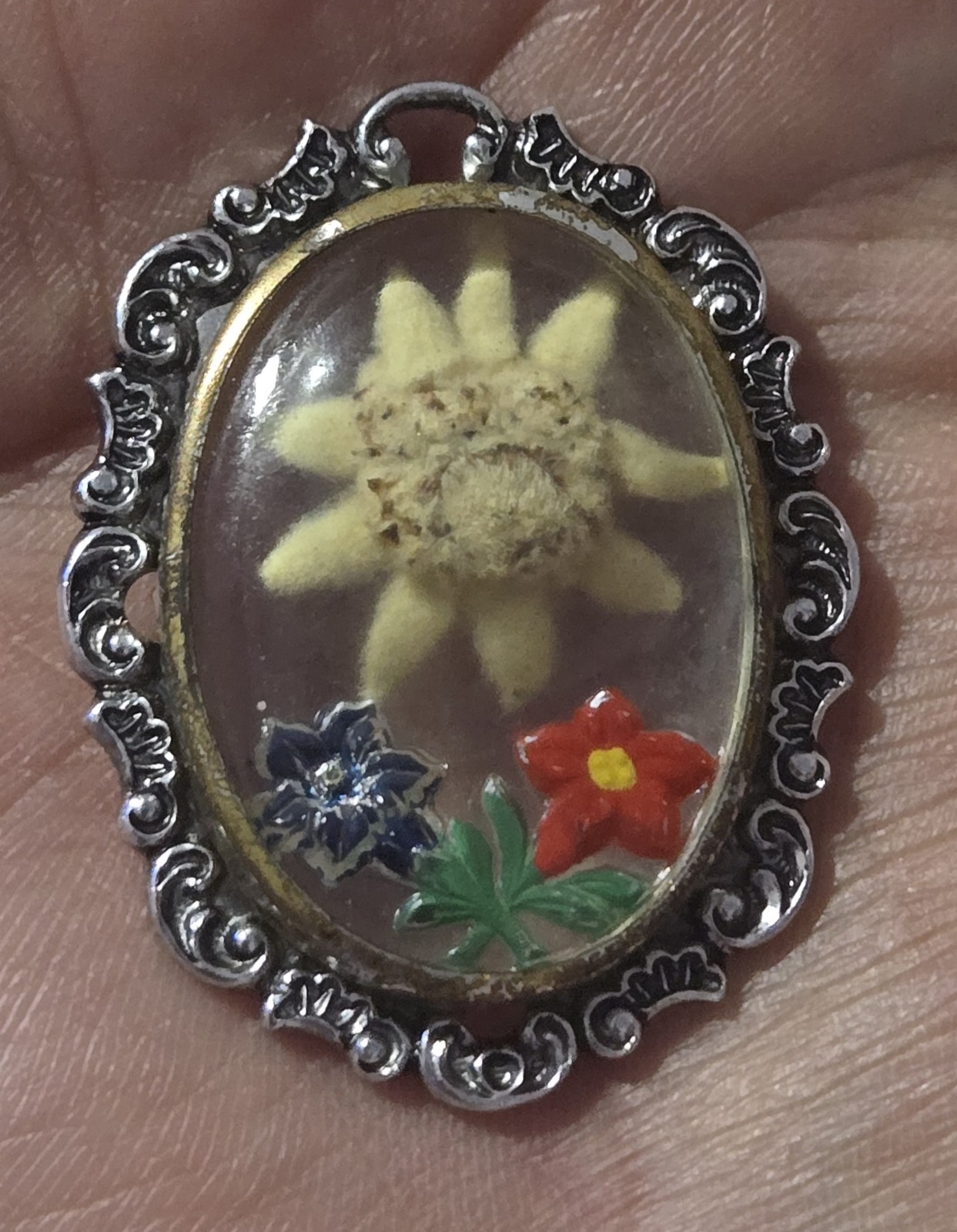 Antique Victorian Encapsulated EDELWEISS Flower Pendant Signed WEST GERMANY