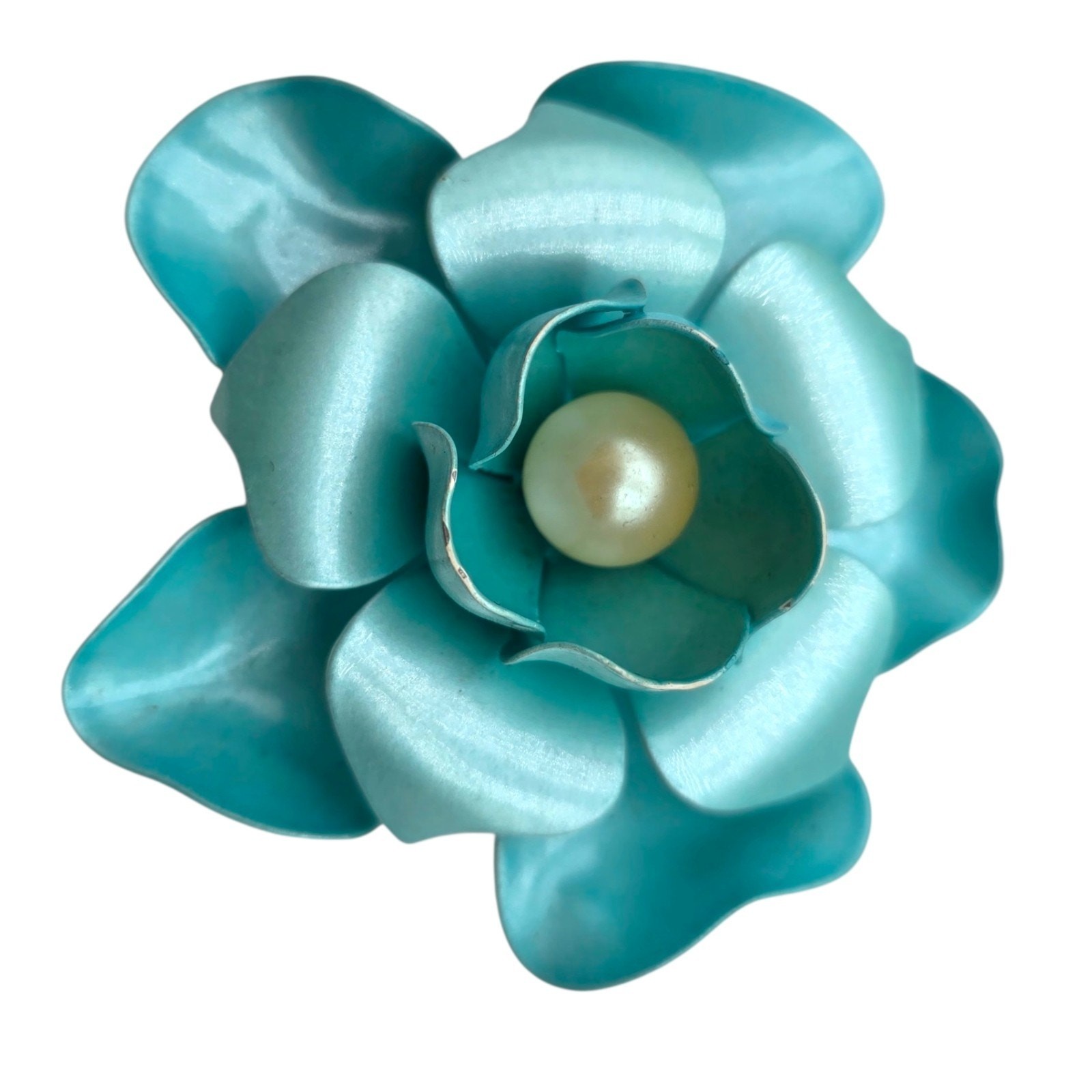 Vintage Brooch Flower Floral 3D Light Blue White Painted On Metal Statement