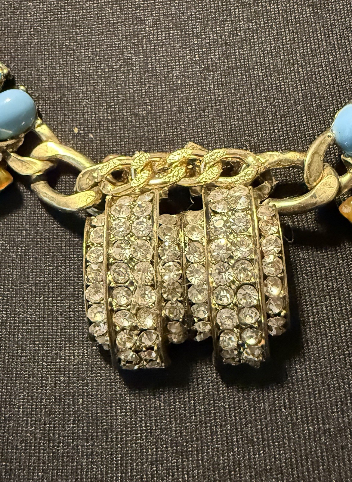 12.58 Pilgrim Statement Necklace Blue Amber Lucite Rhinestone Gold Tone Denmark