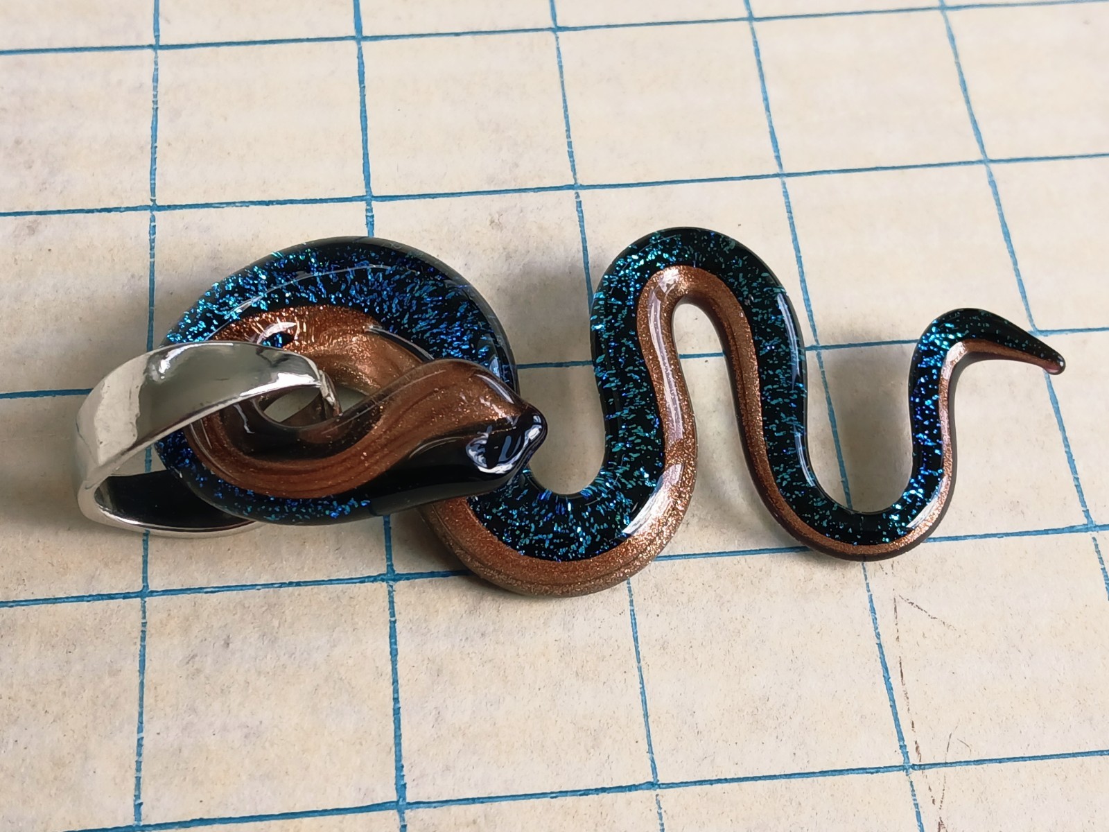 Murano Dichroic Art Glass Snake Pendant Vintage Necklace Silver Signed Marked