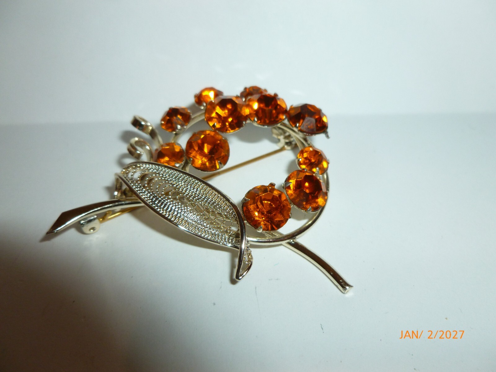 Vintage Faceted Rhinestone Leaf Brooch Silver Tone Filigree Branch Flower