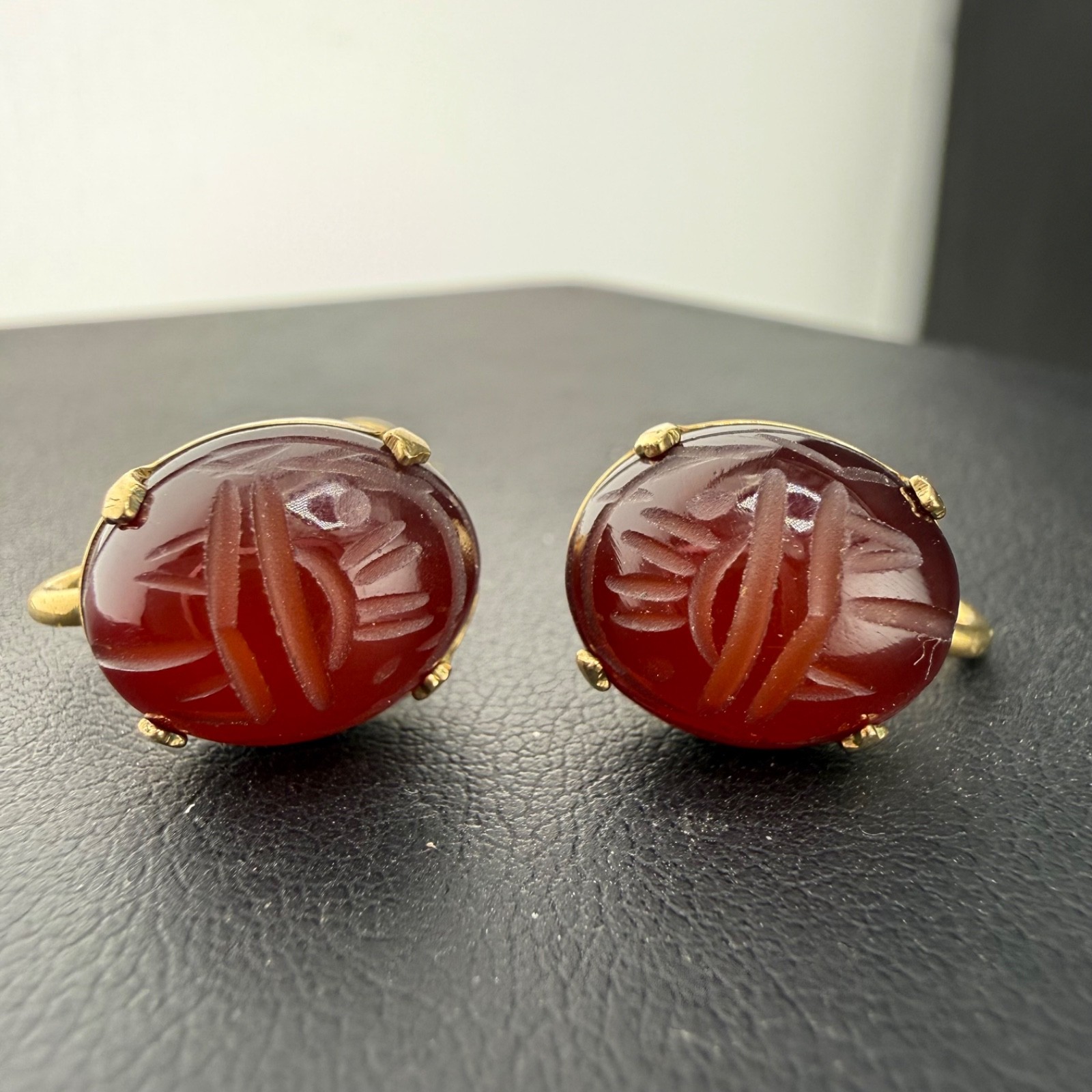 Vintage Gold Filled Scarab Screw Back Earrings Red Egyptian Revival