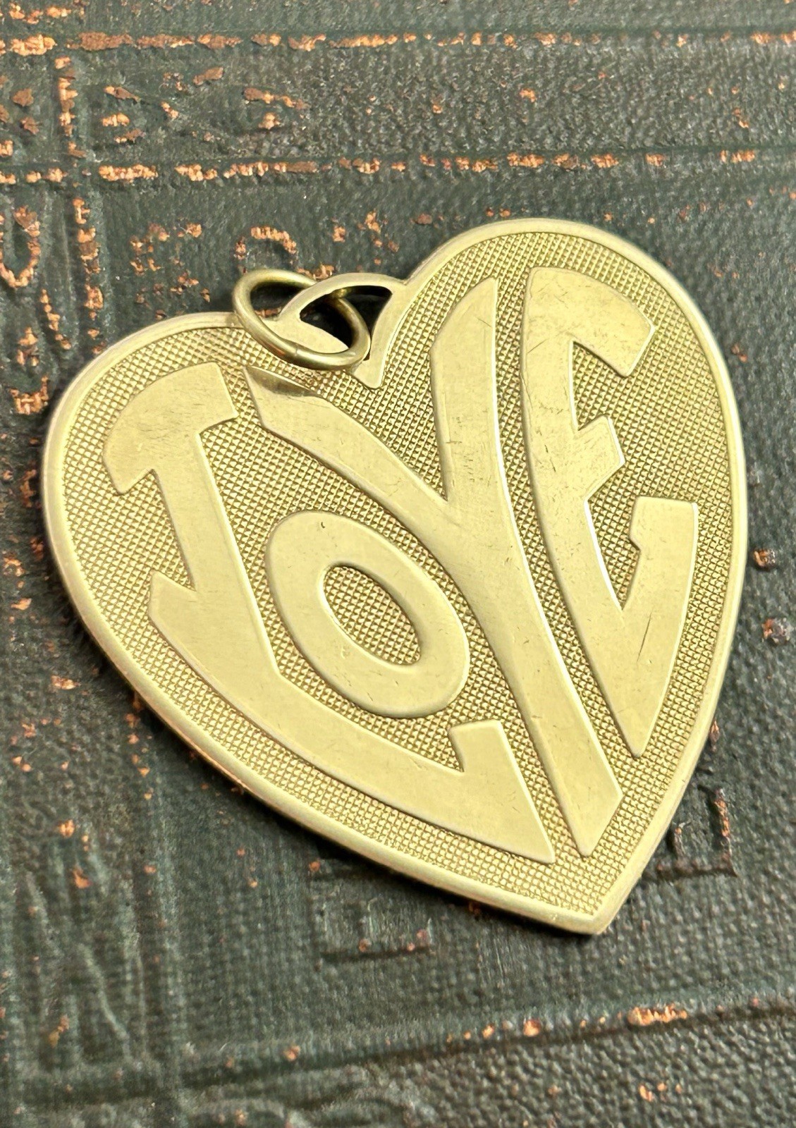 Vintage Love Charm Large Heart Medallion Pendant Brass Metal Jewelry Gift