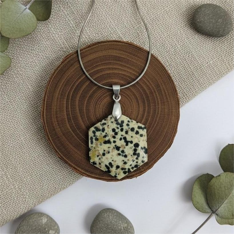 Certified Dalmatian Jasper Hexagon Pendant Necklace | Spotted Gemstone Jewelry