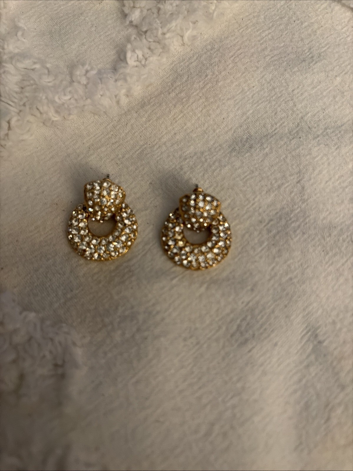 Vintage Roman signed earrings door knocker gold tone pave rhinestone dangle hoop