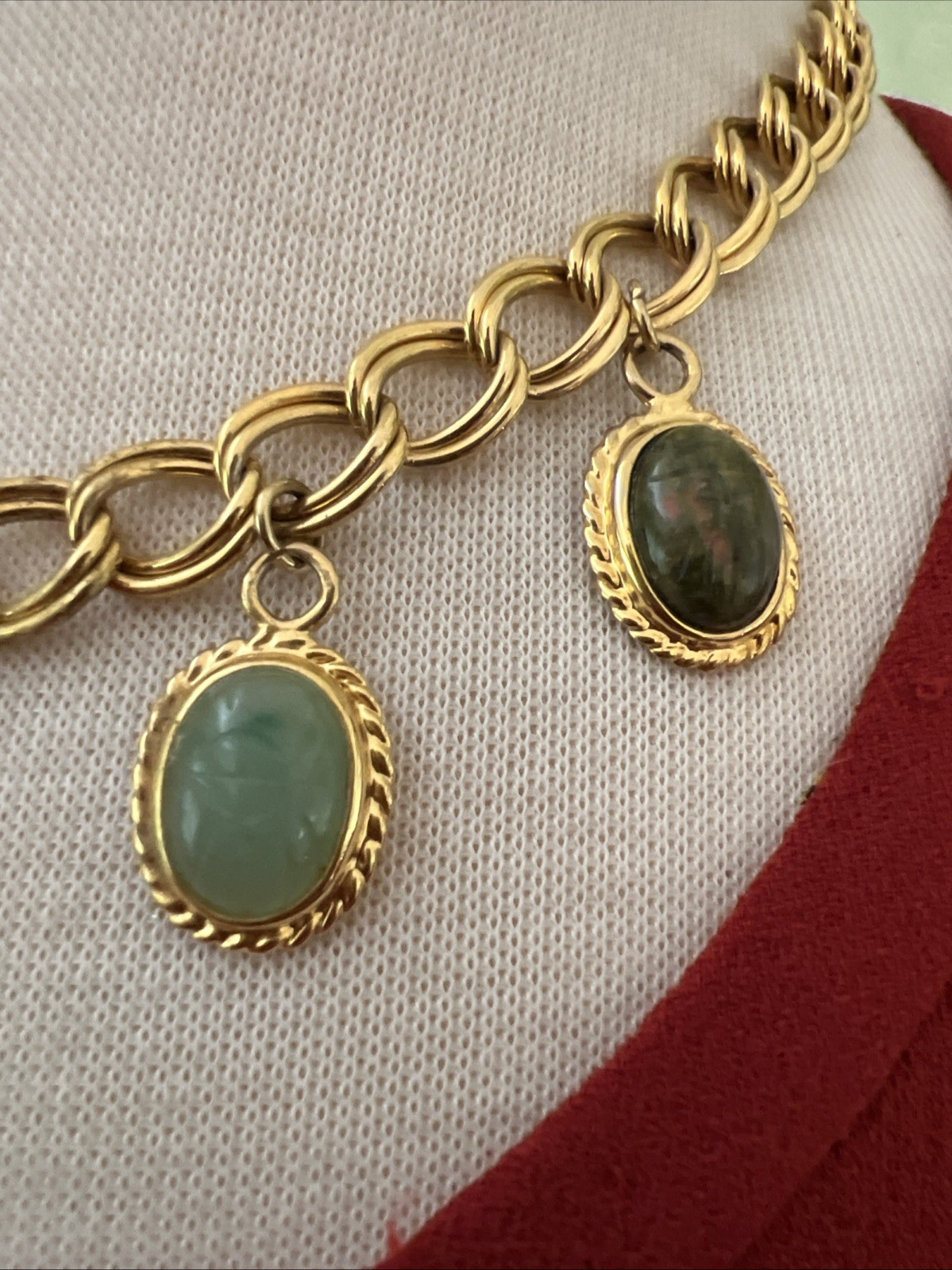 Vintage Gold Tone Multi-Stone Cabochon Charm Chunky Chain 18.5”-22” Necklace