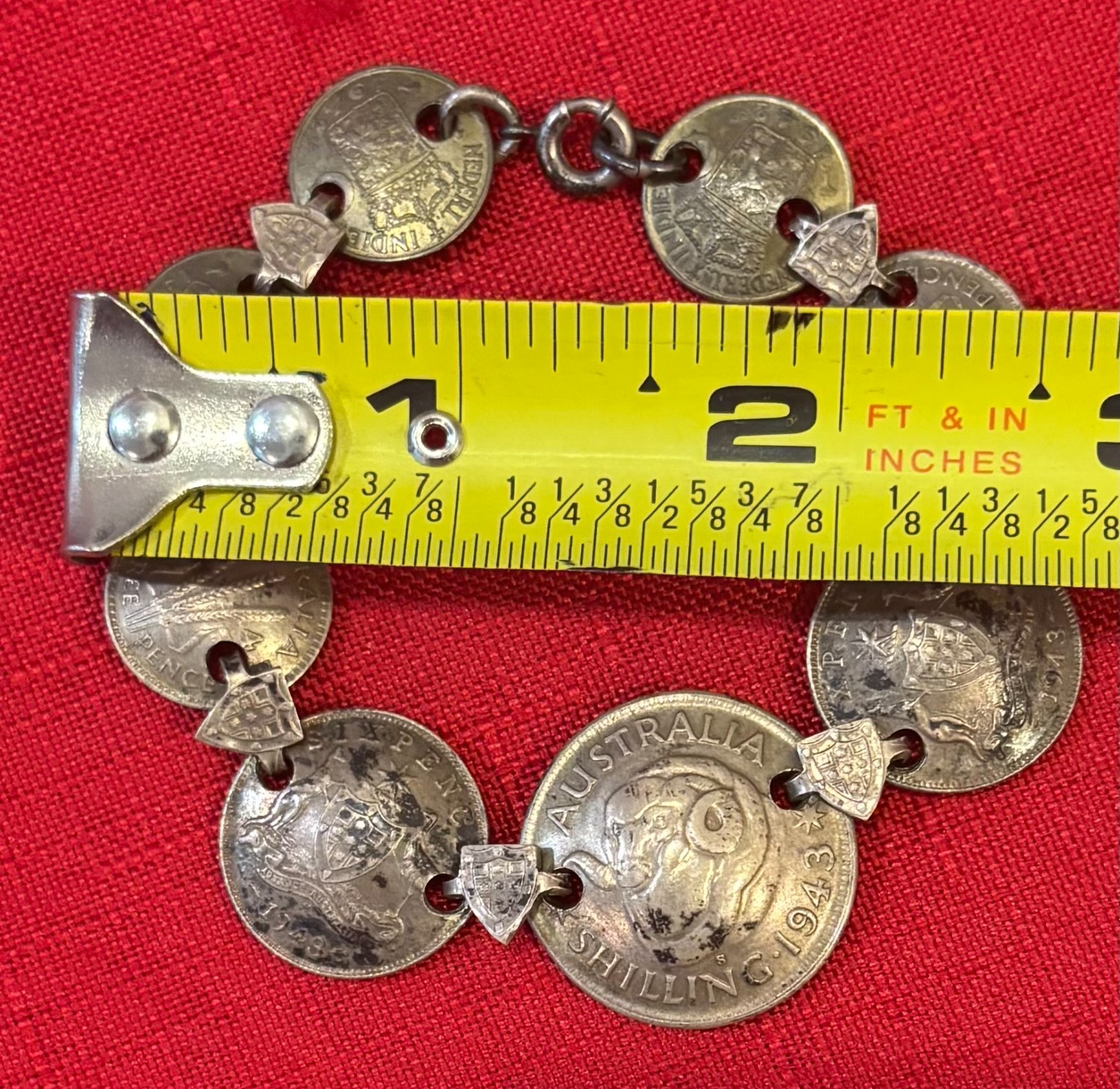 Vintage Sterling Silver 1943 Australian Coin Trench Art Charm Bracelet