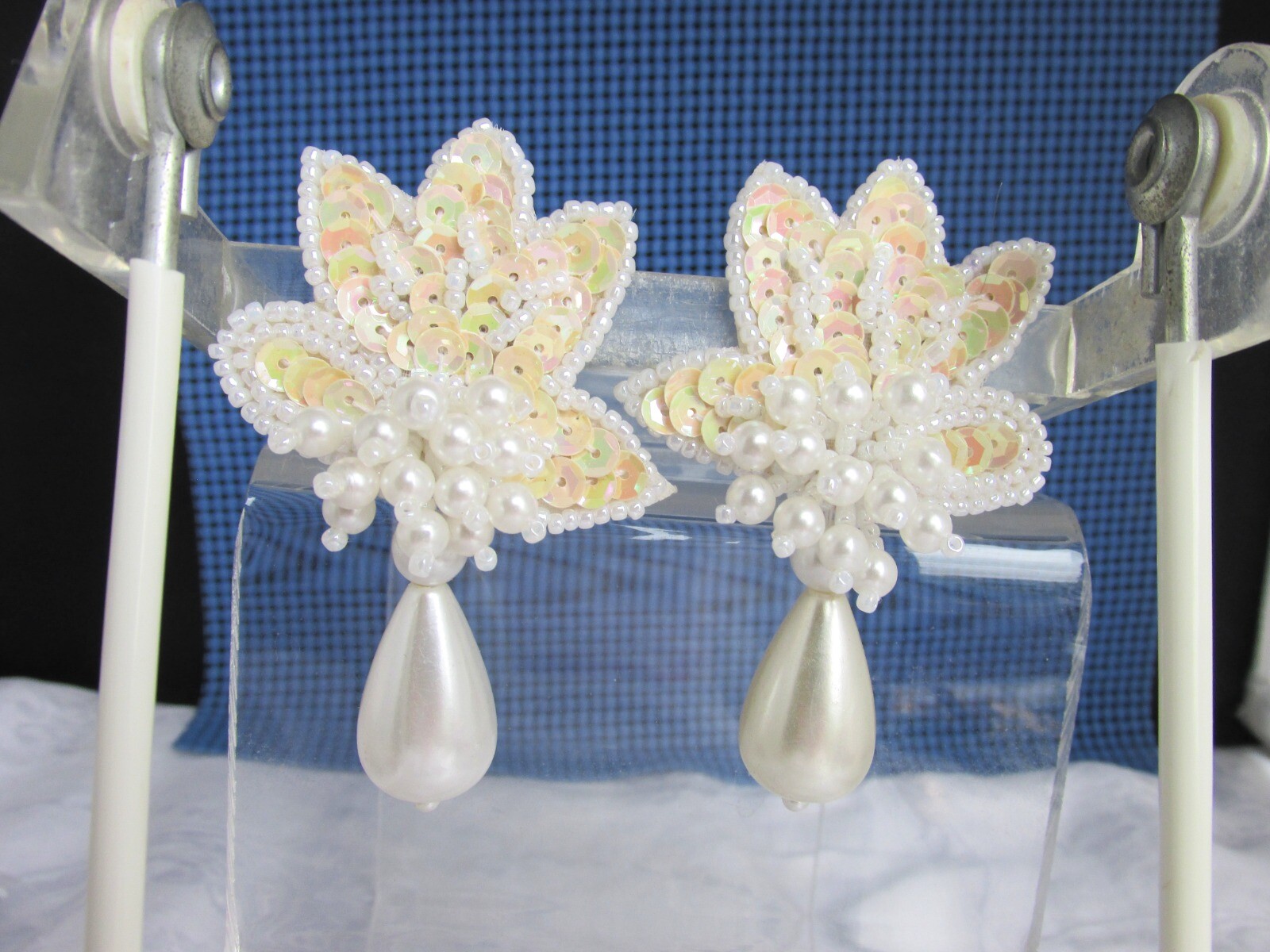 1980s Vintage Pearl Tear Drop Sequin Beaded Earrings Clip Center Cluster Dangles