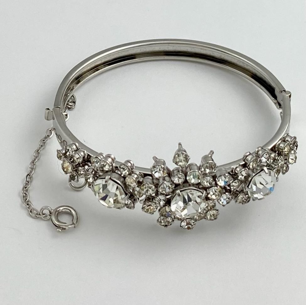 Vintage 1950’s Hinged Cuff Silver Tone Clear Rhinestones Floral Bracelet medium