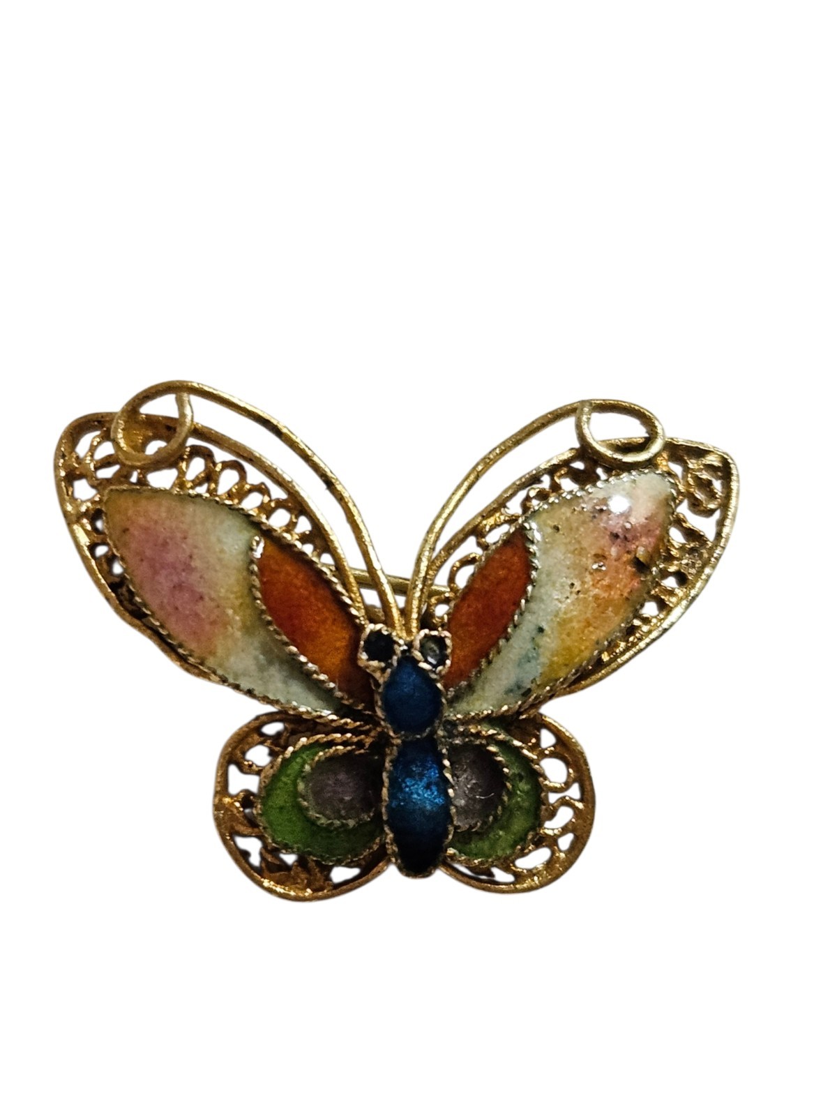 Vintage Gold Tone Butterfly Brooch Filigree Enamel Small Pin ~ 1″ Wide X .75″