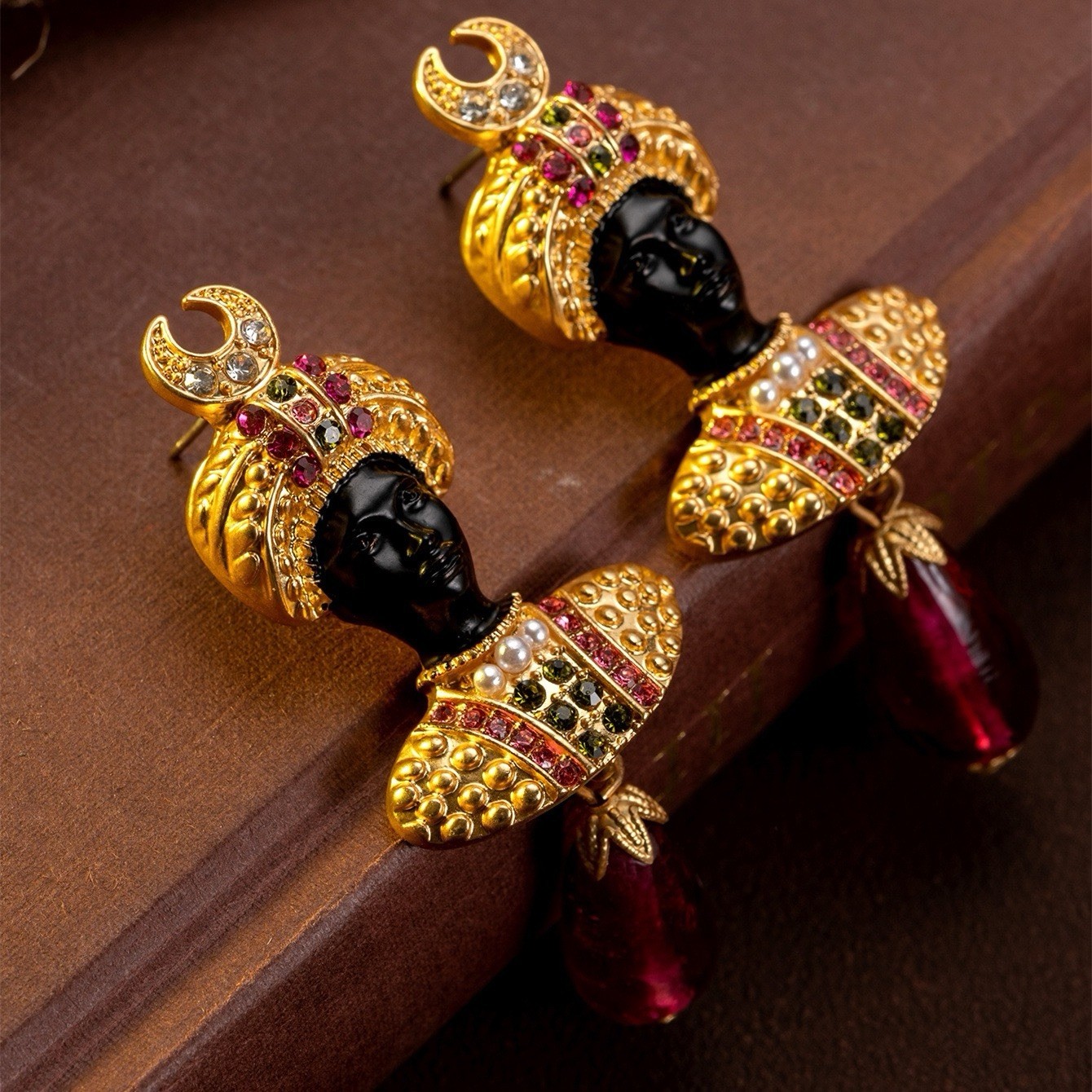 Vintage Figural Dangle Earrings Gold Tone Rhinestone Red Drop Statement