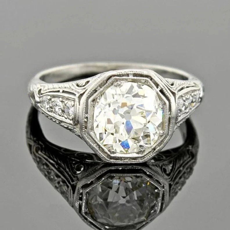 1.28 Ct White Round Cut Simulated Diamond Art Deco Retro Wedding 925 Silver Ring