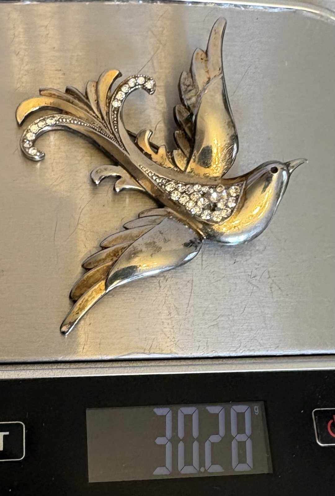 1940s Retro Vintage Sterling Gold Vermeil Rhinestone Bird Brooch 30g READ