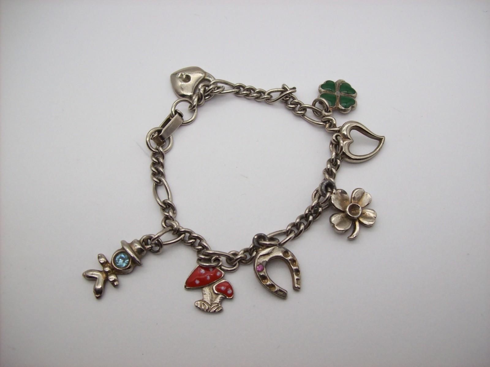 Vintage Silvertone Mix GOOD LUCK Charm Bracelet, Enamel, some made in Germany